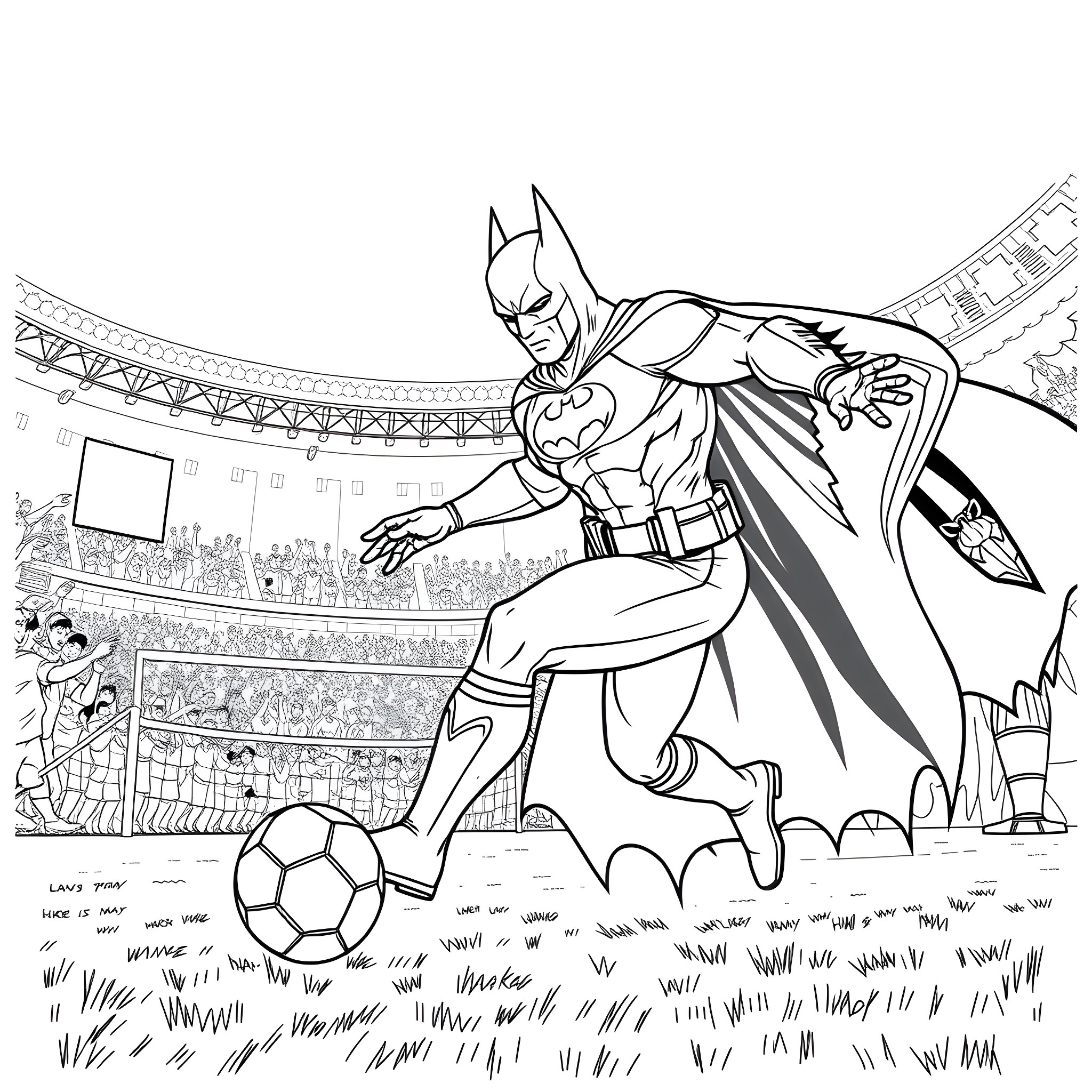 Batman playing soccer in the stadium Coloring Page (free black-and-white line drawing printable PDF for all, from beginners to advanced learners, including children, teens, adults, and seniors)