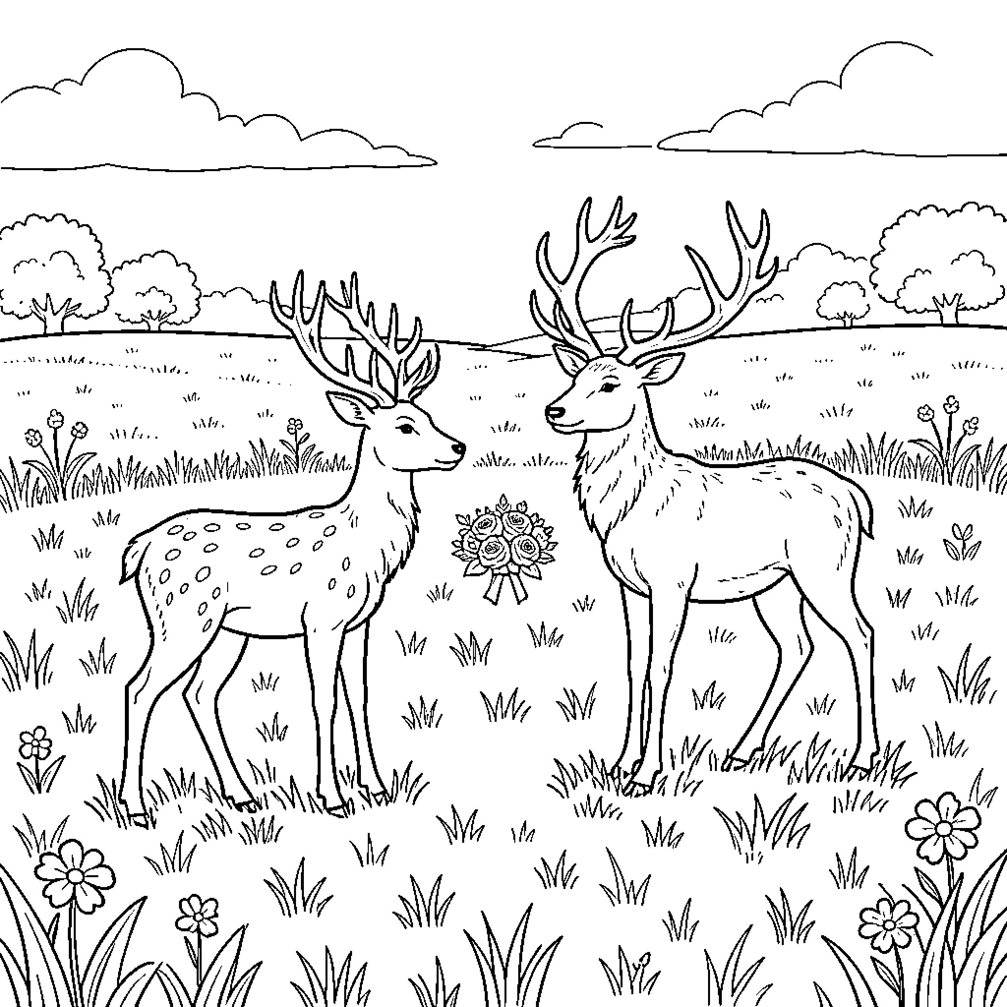 Deer standing together in a grassy meadow Coloring Page (free black-and-white line drawing printable PDF for all, from beginners to advanced learners, including children, teens, adults, and seniors)