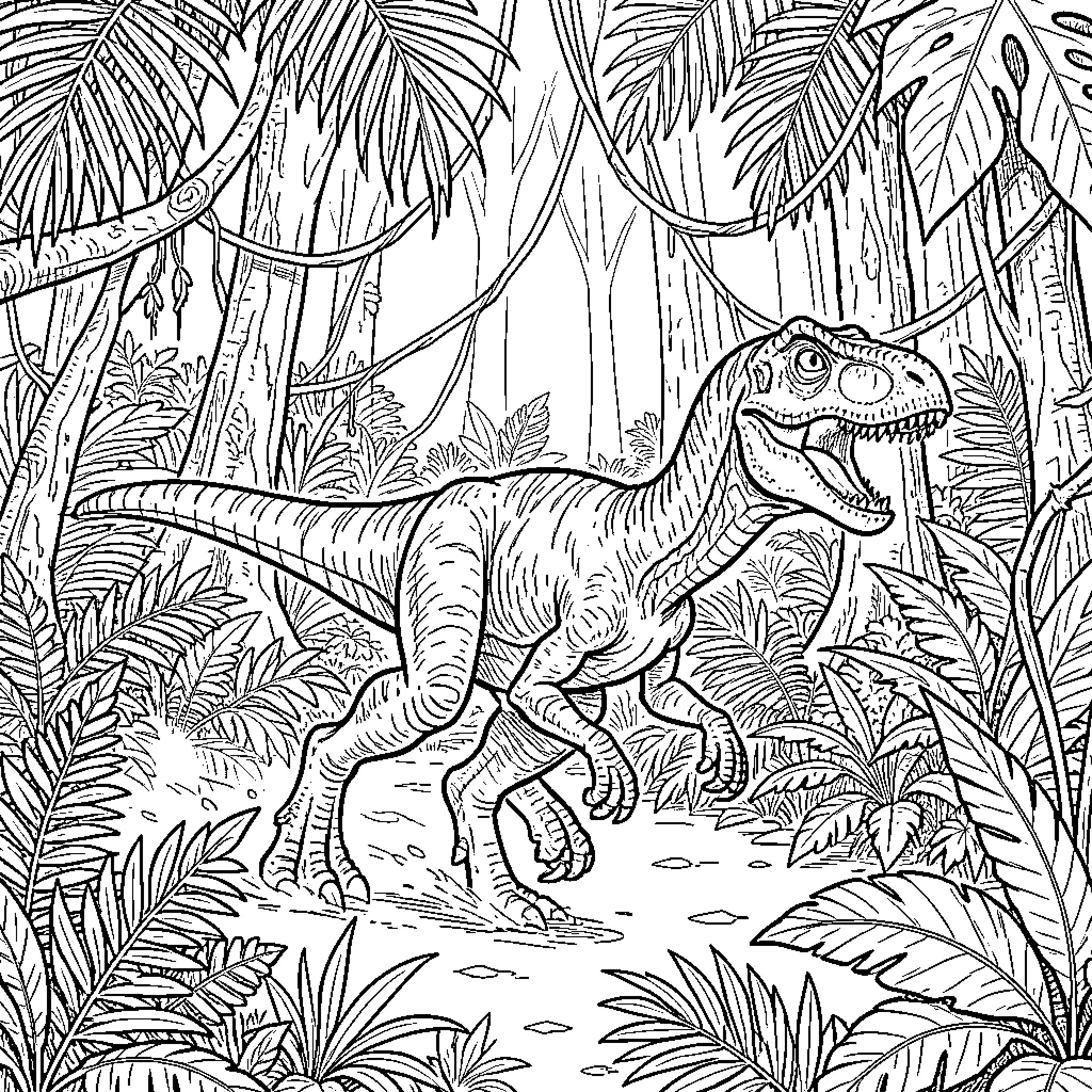 Velociraptor walking through a dense jungle forest Coloring Page (free black-and-white line drawing printable PDF for all, from beginners to advanced learners, including children, teens, adults, and seniors)
