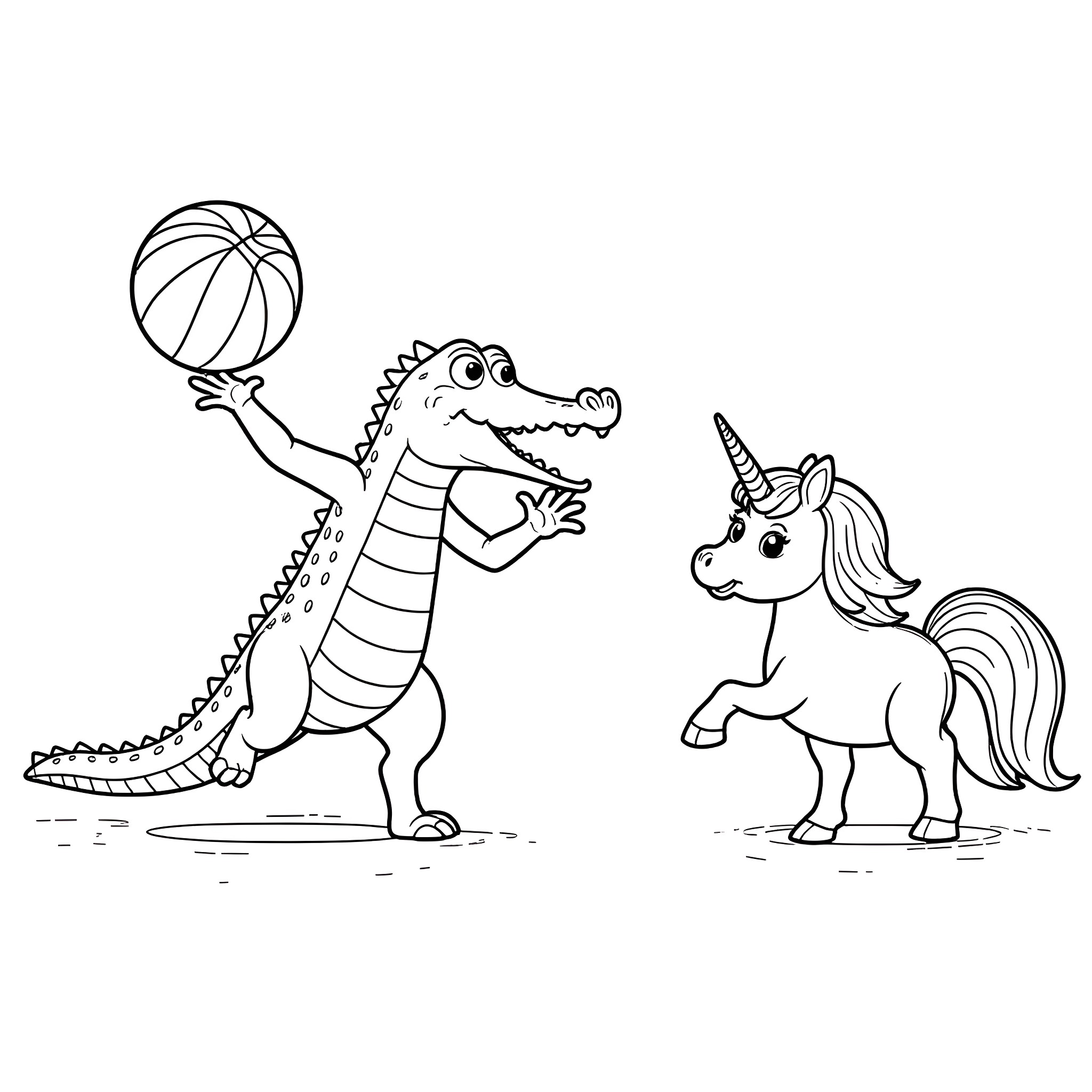Alligator playing basketball with unicorn friend Coloring Page (free black-and-white line drawing printable PDF for all, from beginners to advanced learners, including children, teens, adults, and seniors)