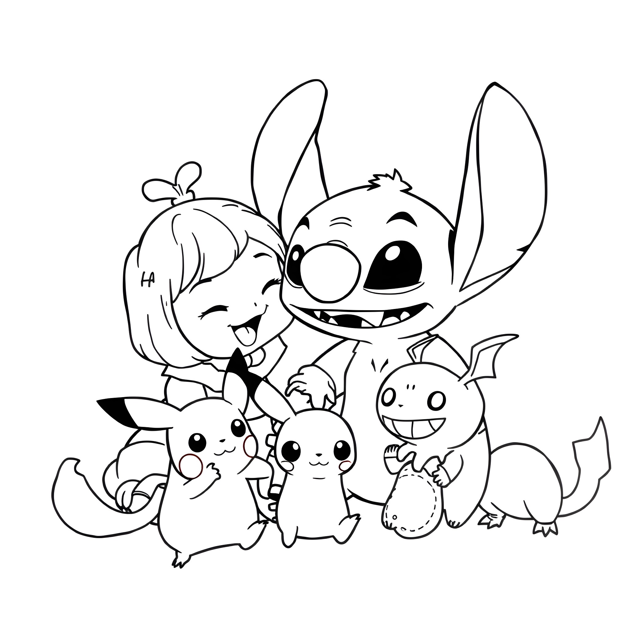 Lilo and cute creatures in a playful group Coloring Page (free black-and-white line drawing printable PDF for all, from beginners to advanced learners, including children, teens, adults, and seniors)