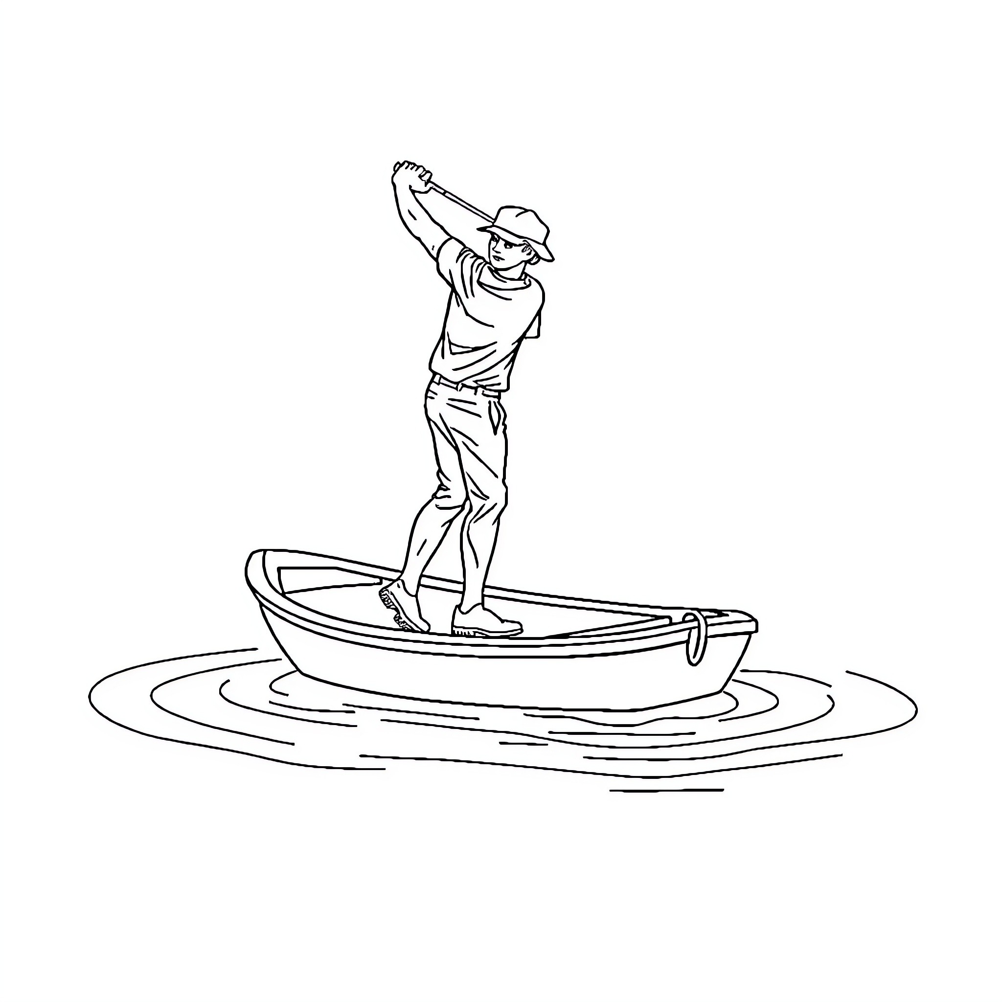 Golfer balancing on boat in water Coloring Page (free black-and-white line drawing printable PDF for all, from beginners to advanced learners, including children, teens, adults, and seniors)