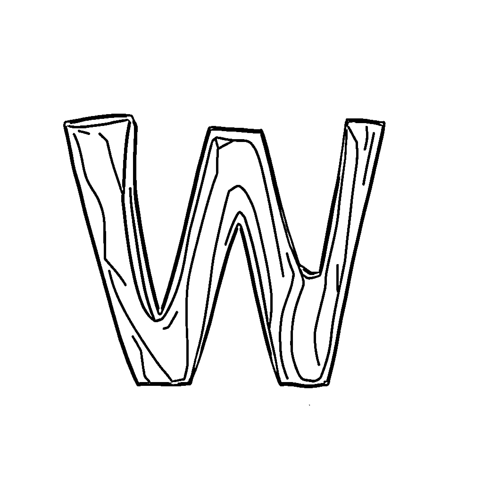 Whimsical wooden letter W Coloring Page (free black-and-white line drawing printable PDF for all, from beginners to advanced learners, including children, teens, adults, and seniors)