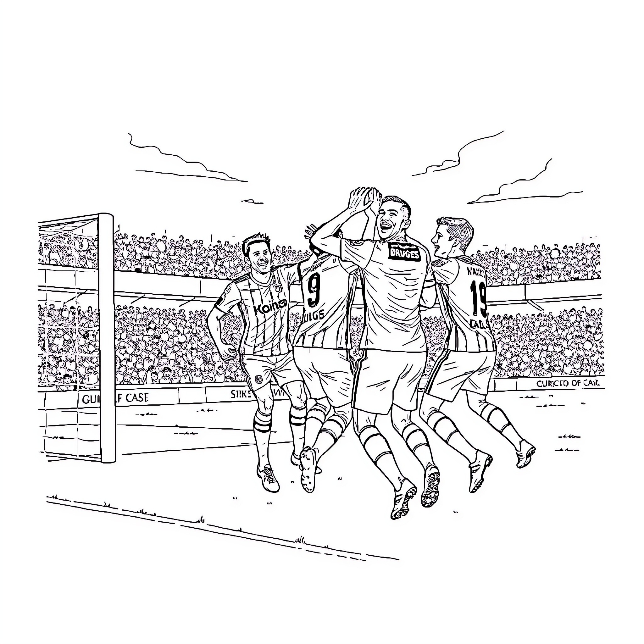 Fc Bruges players in spirited competition on the field Coloring Page (free black-and-white line drawing printable PDF for all, from beginners to advanced learners, including children, teens, adults, and seniors)