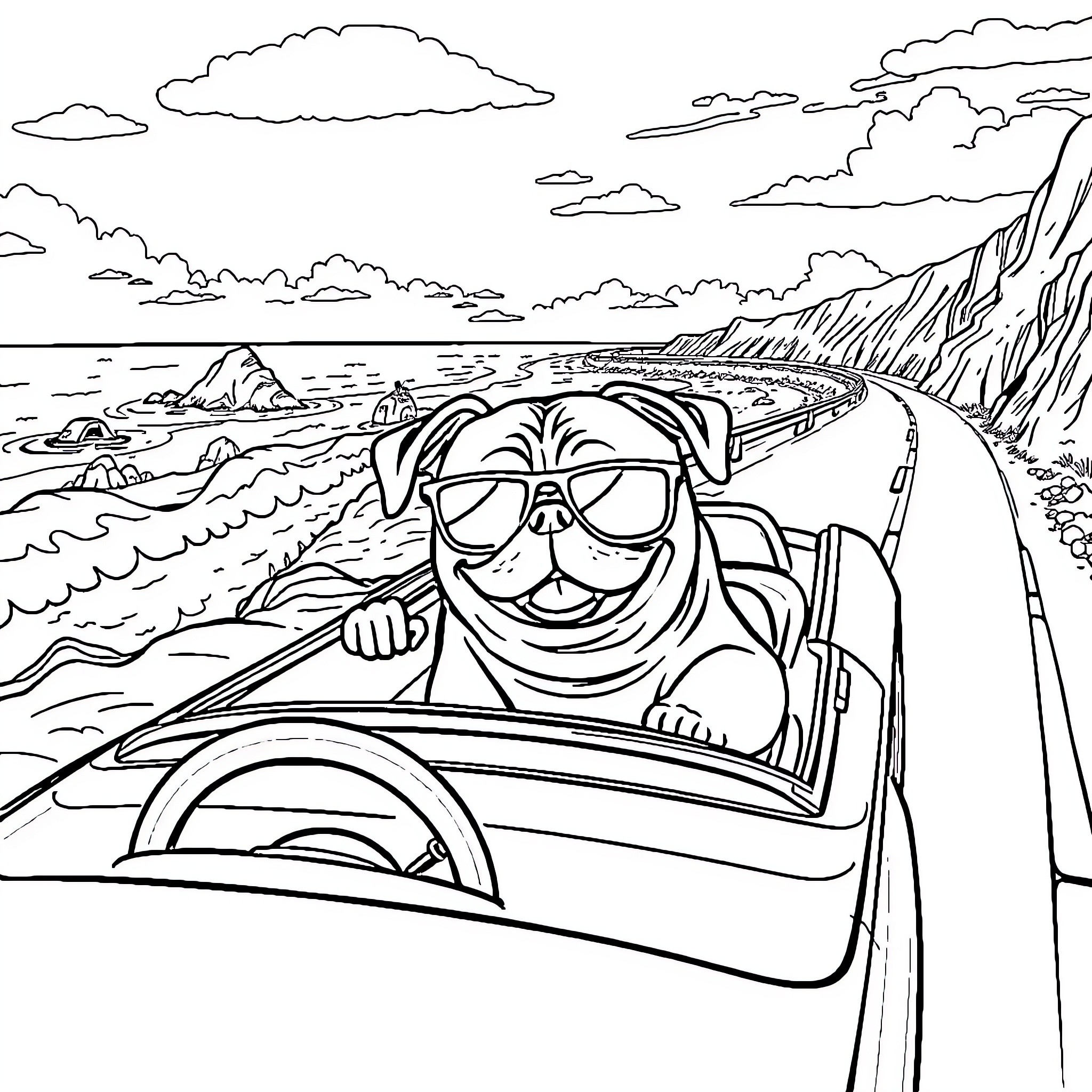 Pug driving a convertible along the coastline Coloring Page (free black-and-white line drawing printable PDF for all, from beginners to advanced learners, including children, teens, adults, and seniors)