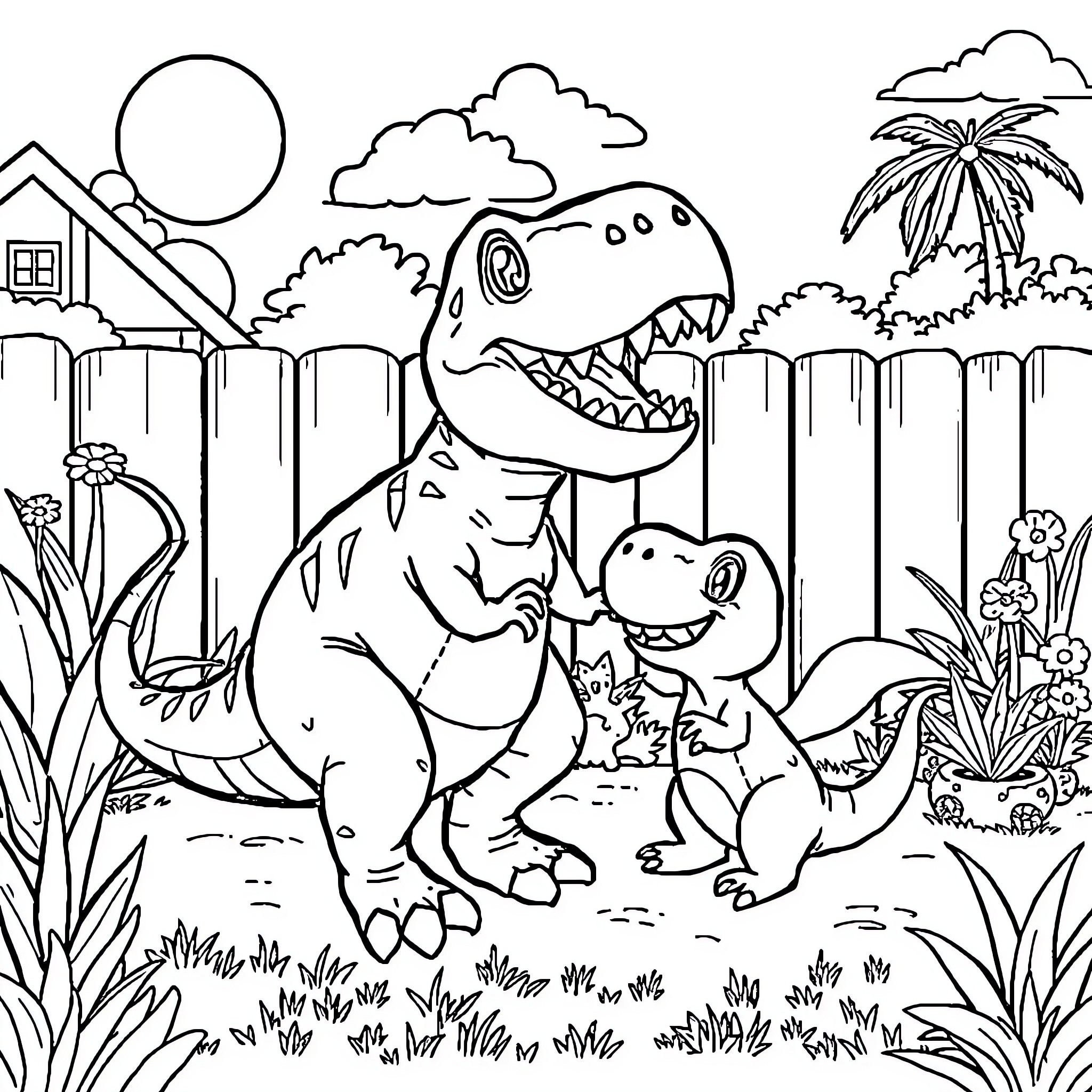 T-Rex exploring the backyard with baby dinosaur Coloring Page (free black-and-white line drawing printable PDF for all, from beginners to advanced learners, including children, teens, adults, and seniors)