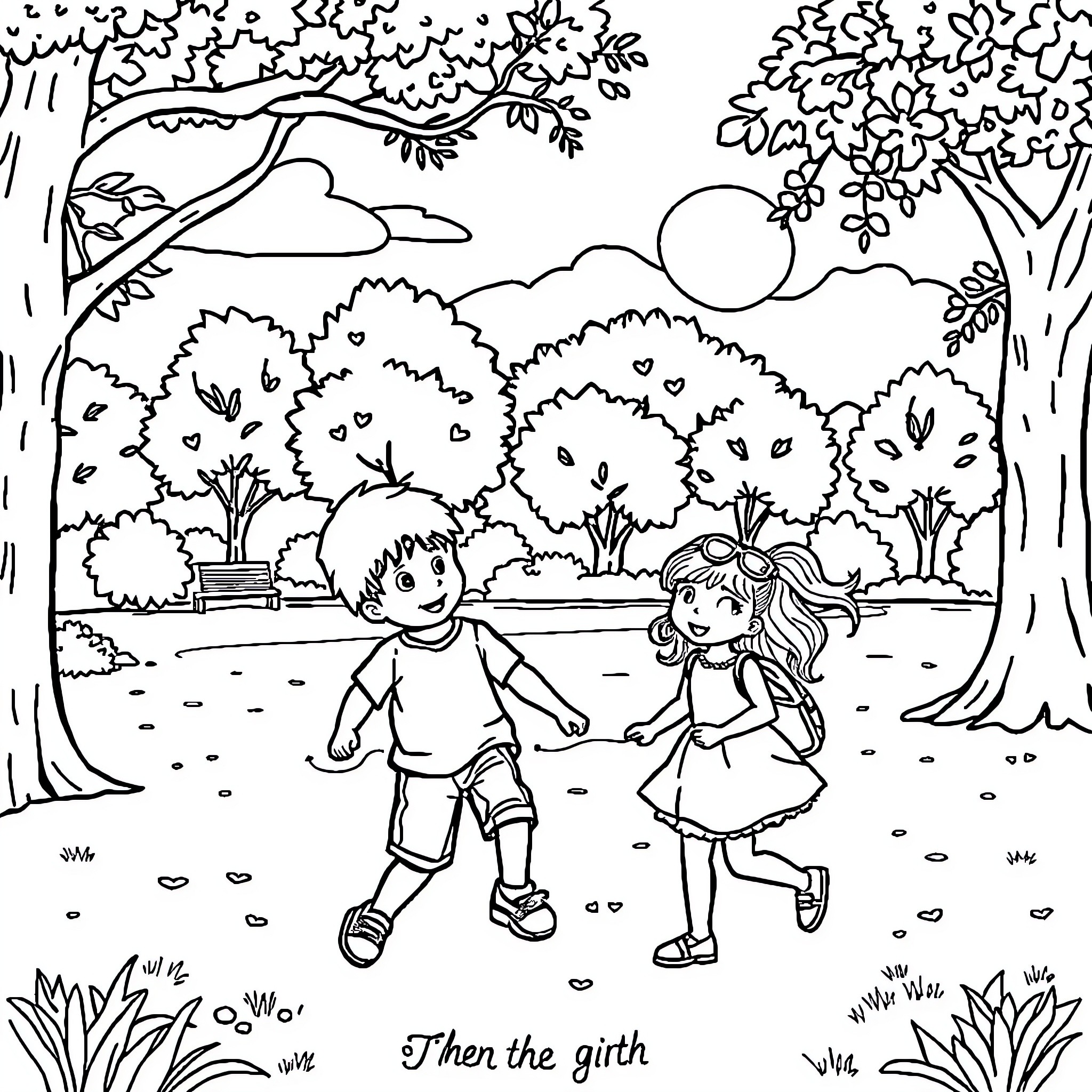 Boy and Girl Walking Together in the Park Coloring Page (free black-and-white line drawing printable PDF for all, from beginners to advanced learners, including children, teens, adults, and seniors)
