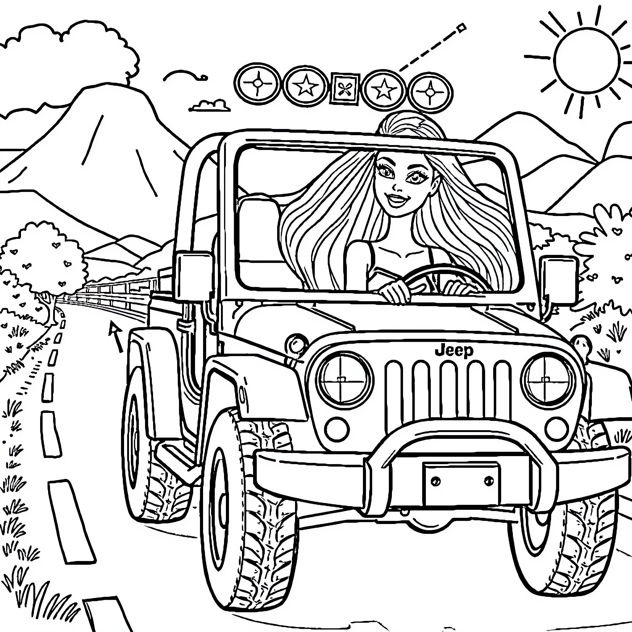Barbie's Adventurous Jeep Ride Through the Mountains Coloring Page (free black-and-white line drawing printable PDF for all, from beginners to advanced learners, including children, teens, adults, and seniors)