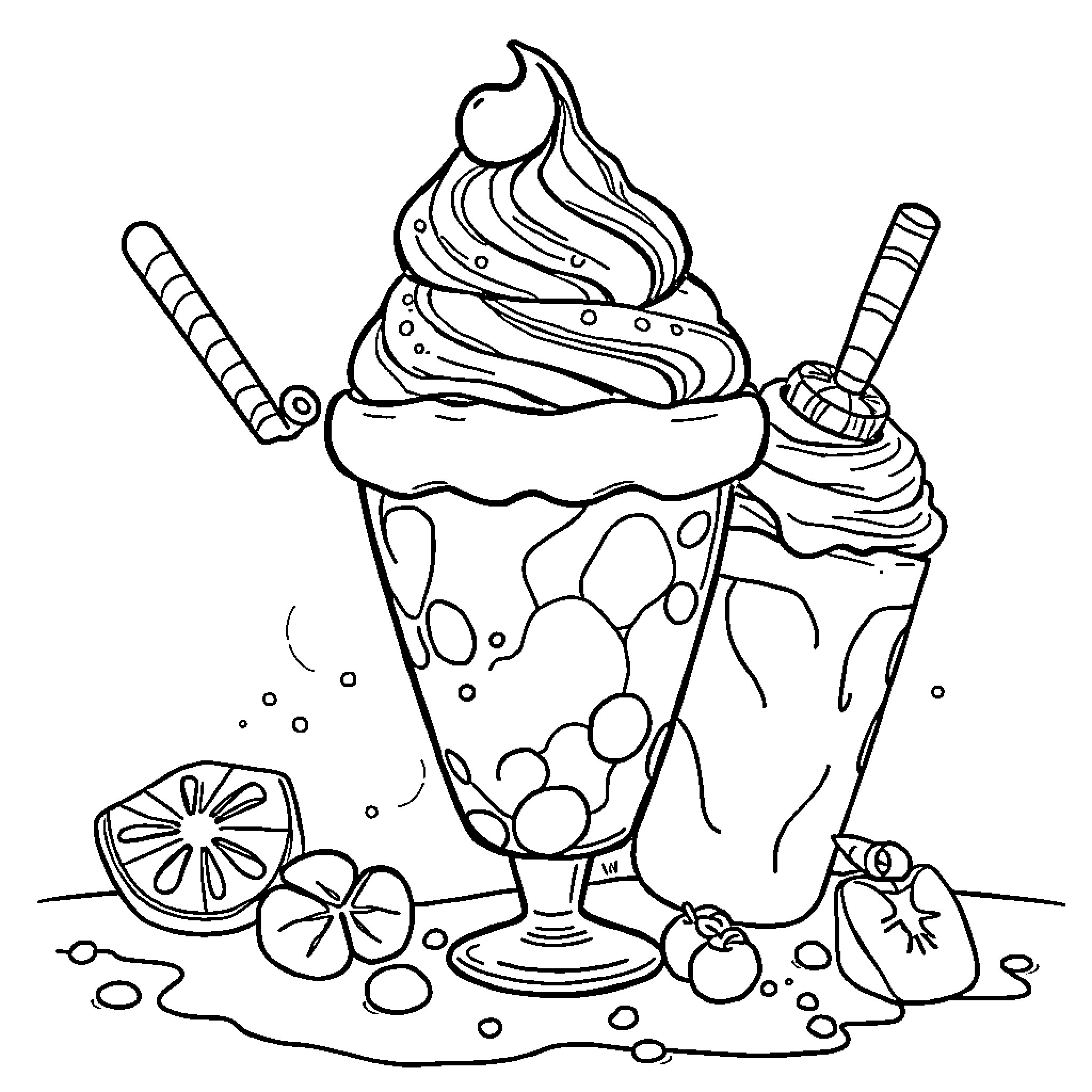 Ice Cream Sundae with Toppings and Accessories Coloring Page (free black-and-white line drawing printable PDF for all, from beginners to advanced learners, including children, teens, adults, and seniors)