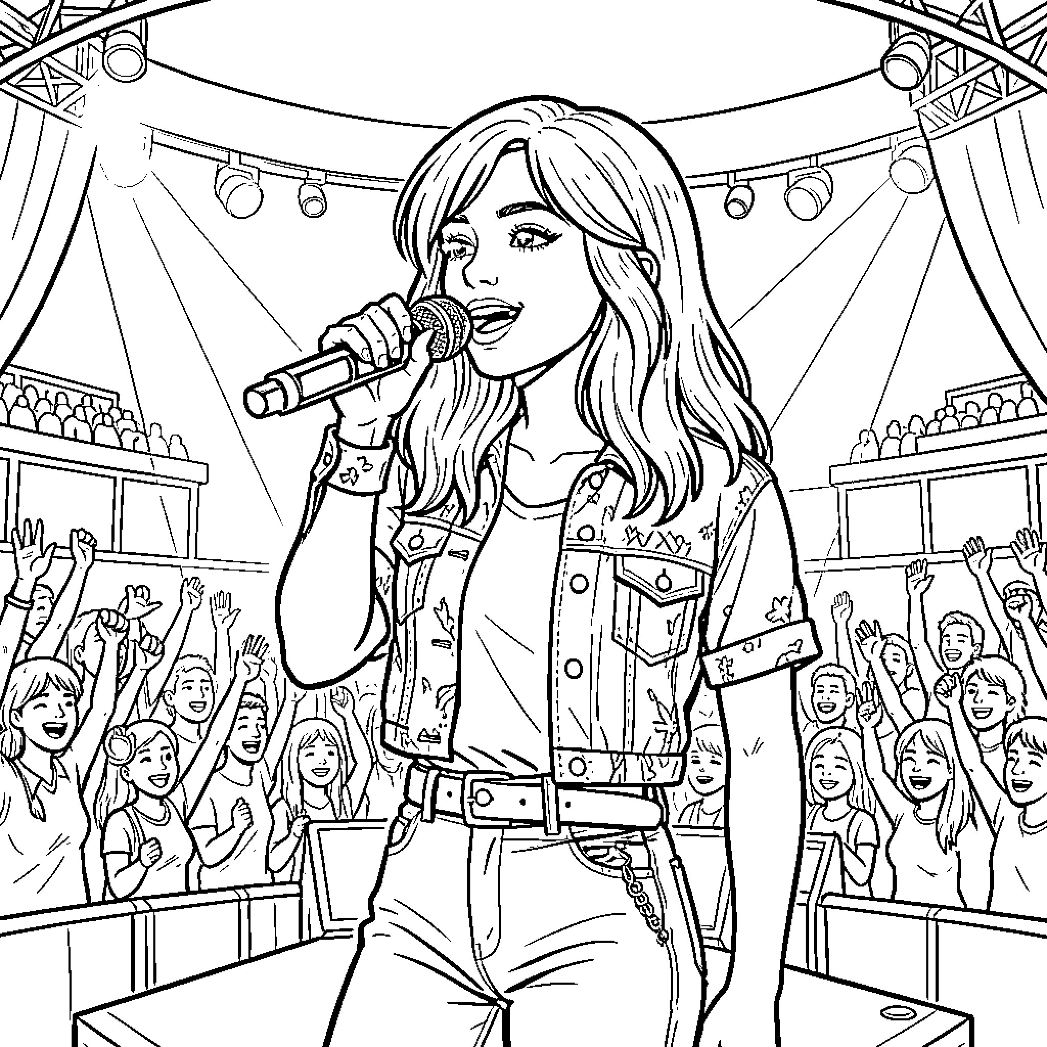 Olivia Rodrigo singing passionately into a microphone on stage Coloring Page (free black-and-white line drawing printable PDF for all, from beginners to advanced learners, including children, teens, adults, and seniors)