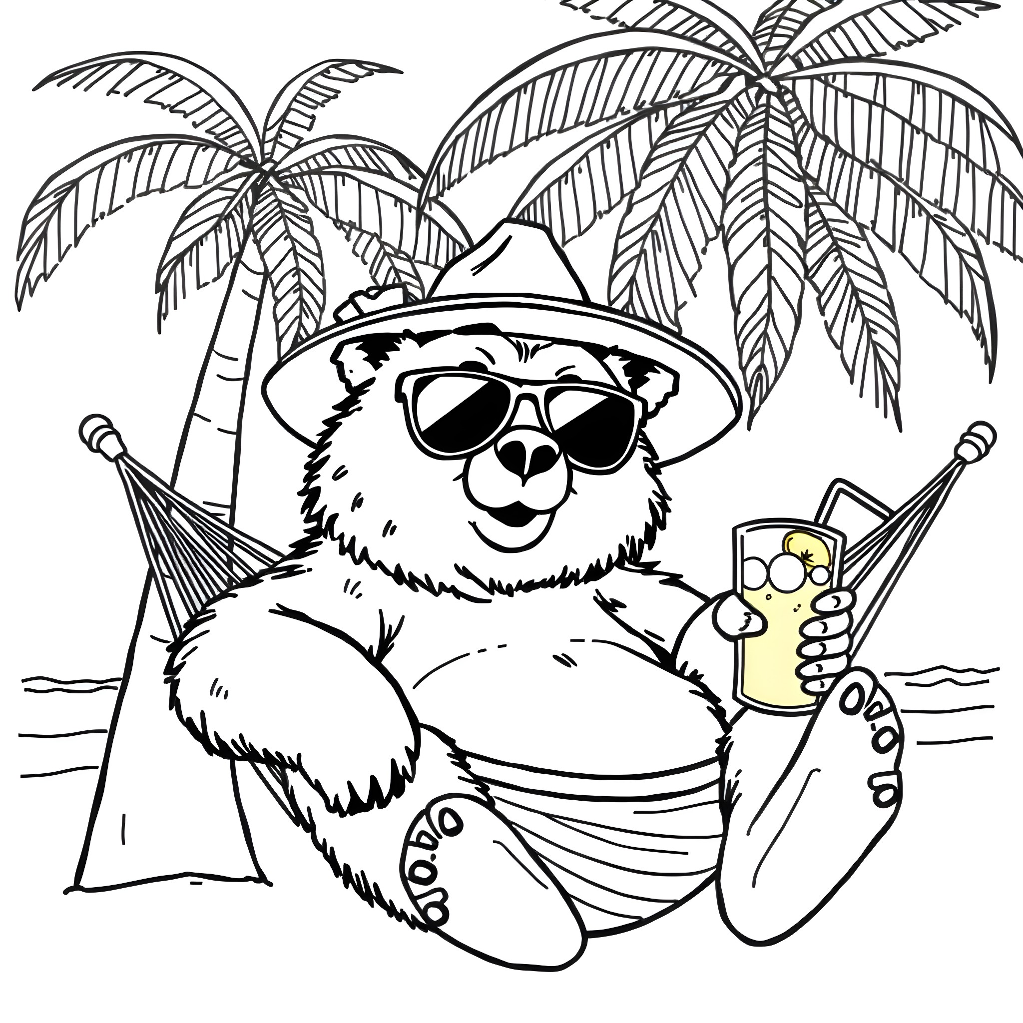 Bear relaxing on a tropical beach Coloring Page (free black-and-white line drawing printable PDF for all, from beginners to advanced learners, including children, teens, adults, and seniors)