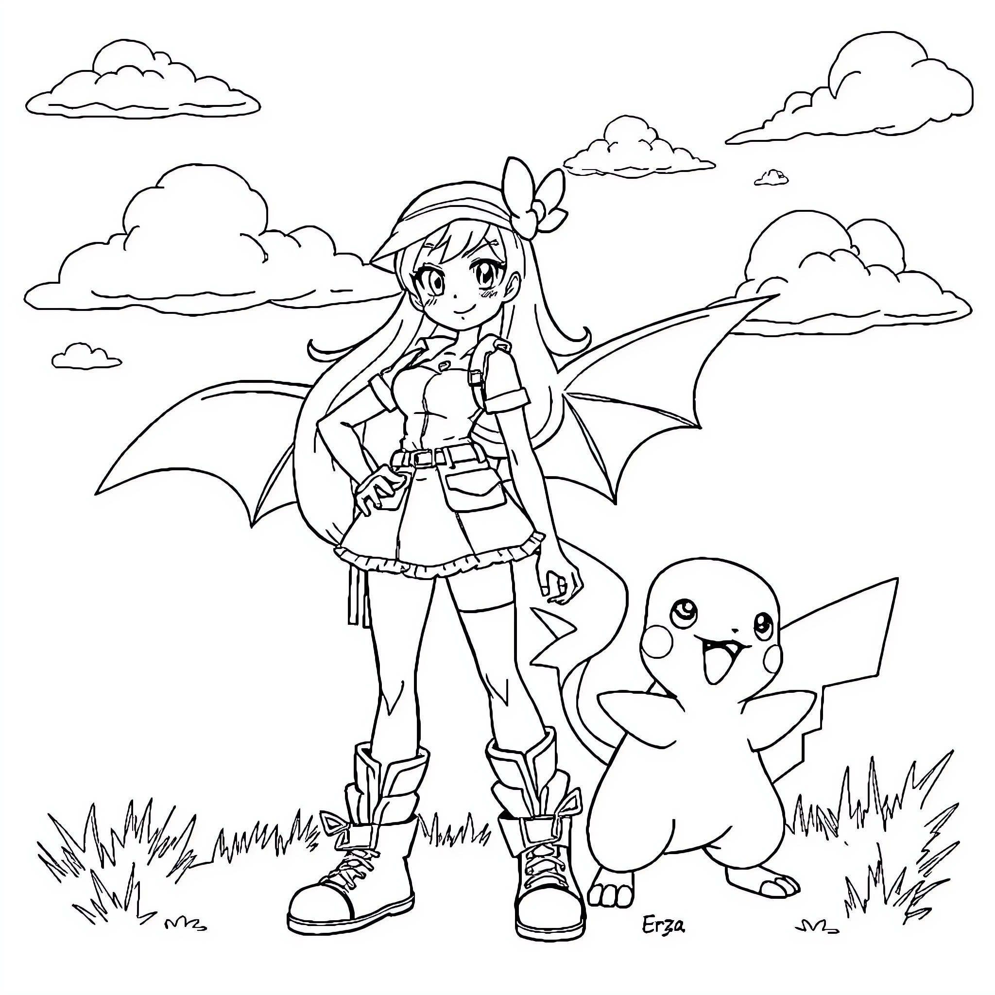 Erza's Adventure with Pikachu in the Clouds Coloring Page (free black-and-white line drawing printable PDF for all, from beginners to advanced learners, including children, teens, adults, and seniors)