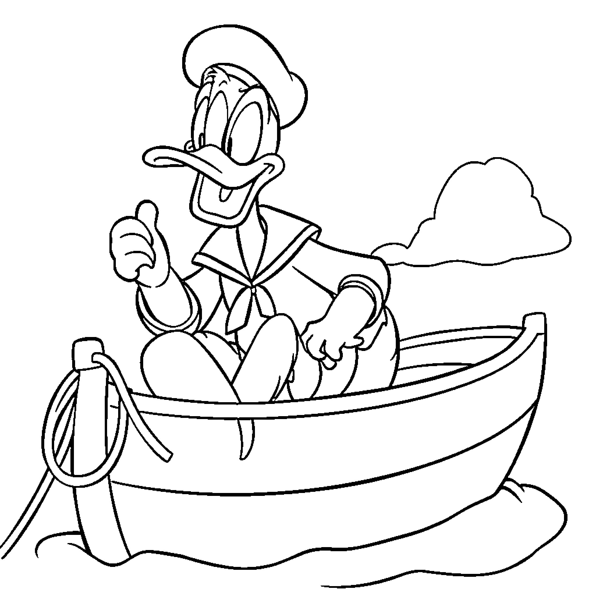 Donald Duck boating and enjoying the outdoors Coloring Page (free black-and-white line drawing printable PDF for all, from beginners to advanced learners, including children, teens, adults, and seniors)