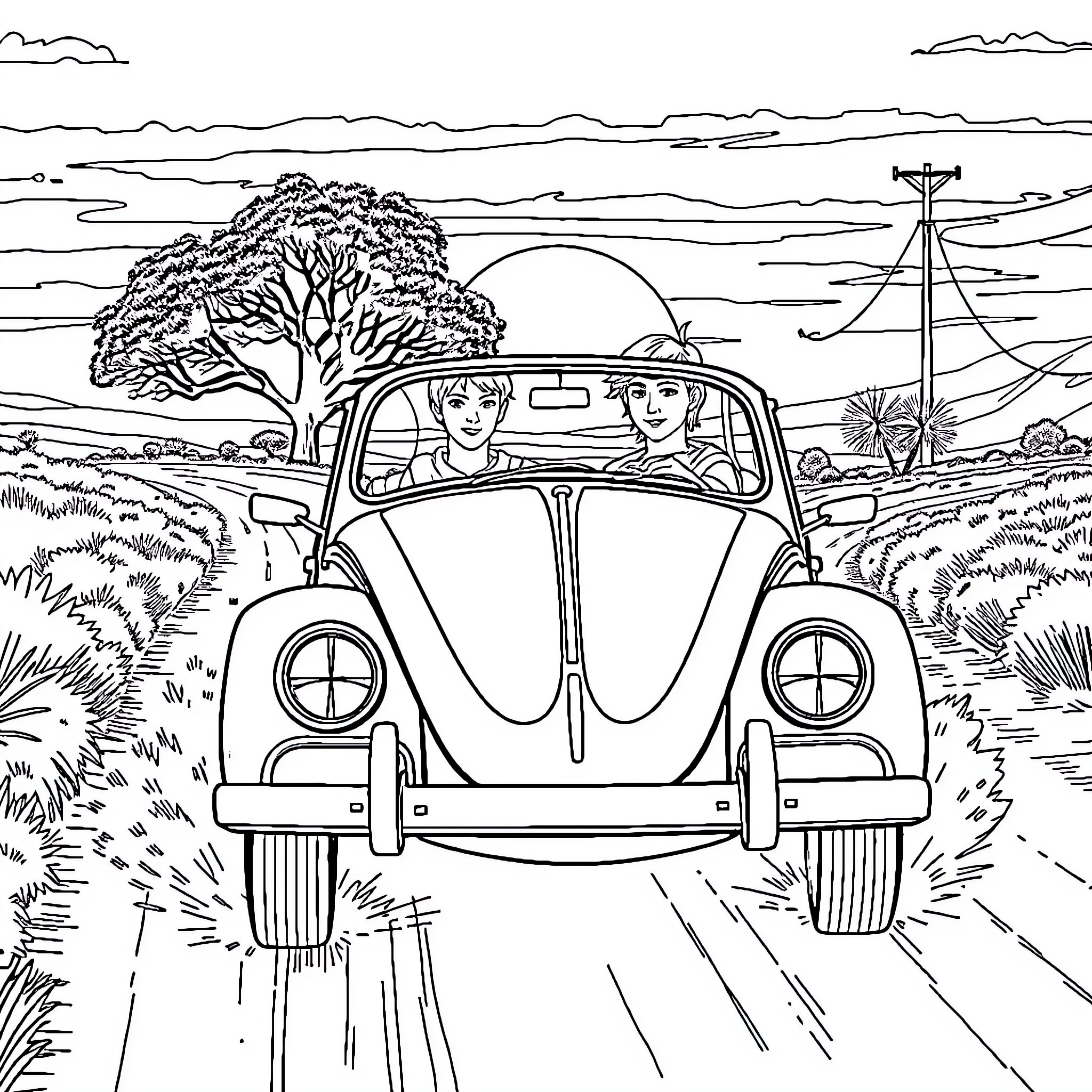 Luke Skywalker and friend driving vintage car in countryside Coloring Page (free black-and-white line drawing printable PDF for all, from beginners to advanced learners, including children, teens, adults, and seniors)