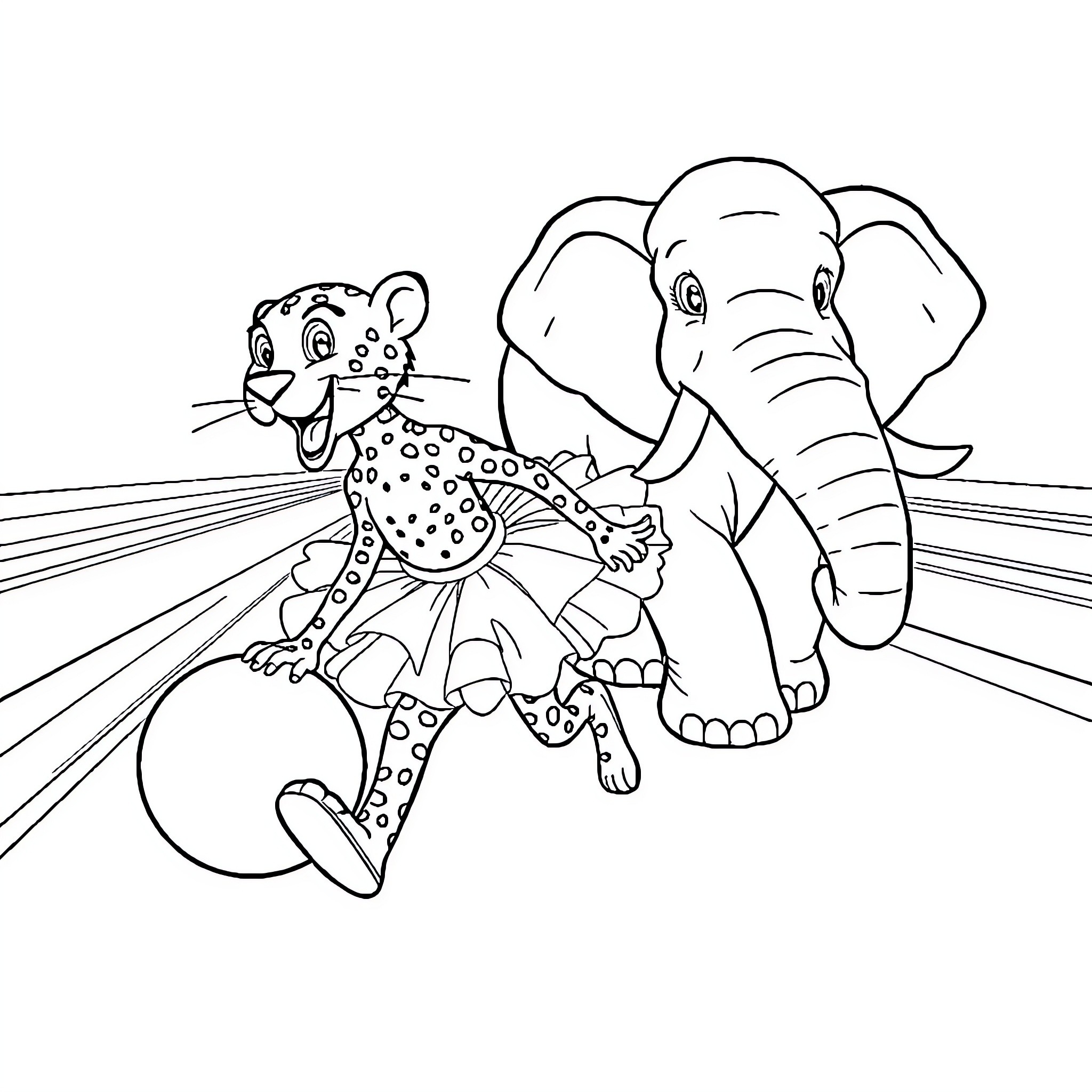Cheetah and Elephant Playing Joyfully Coloring Page (free black-and-white line drawing printable PDF for all, from beginners to advanced learners, including children, teens, adults, and seniors)