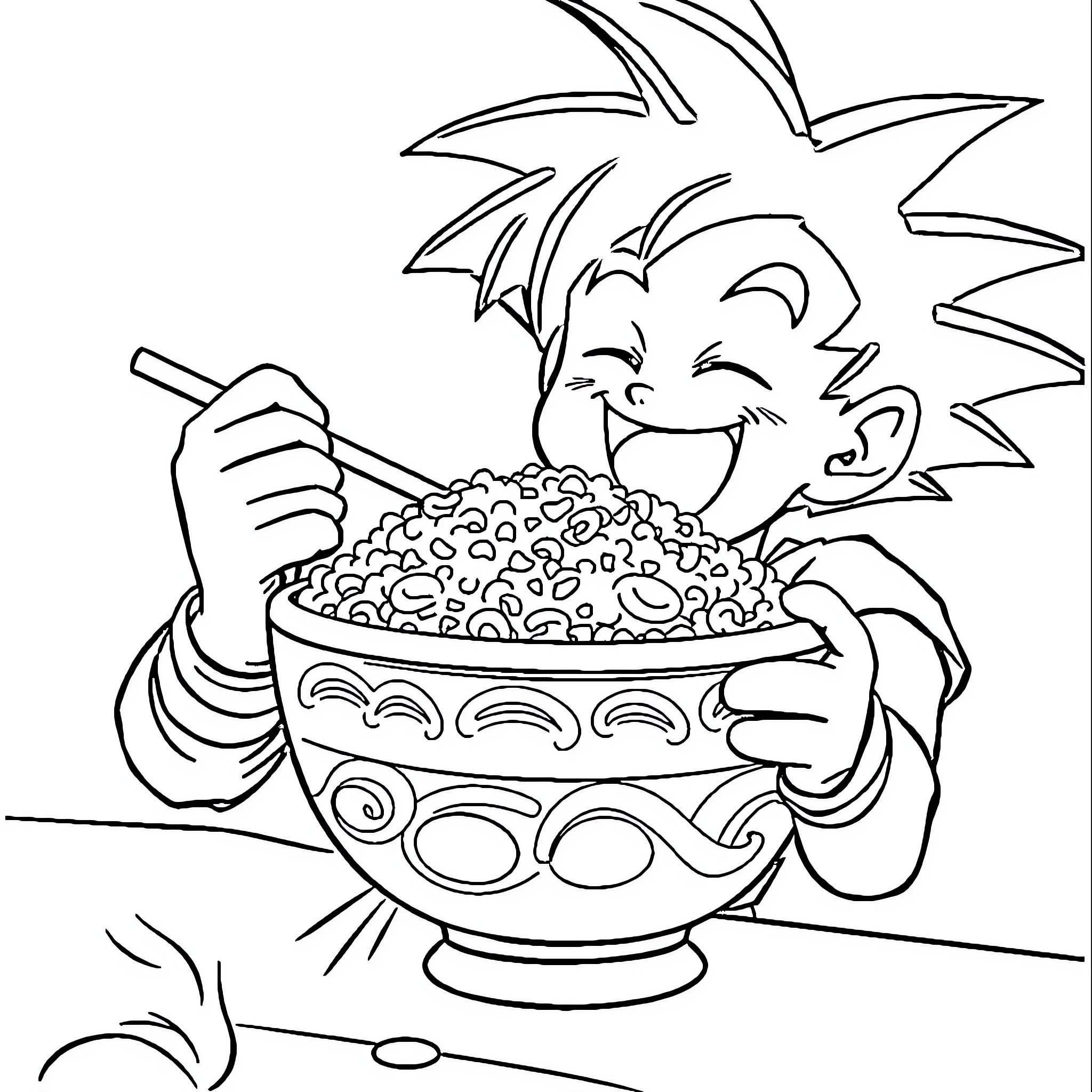 Son Goku enjoying a hearty meal Coloring Page (free black-and-white line drawing printable PDF for all, from beginners to advanced learners, including children, teens, adults, and seniors)