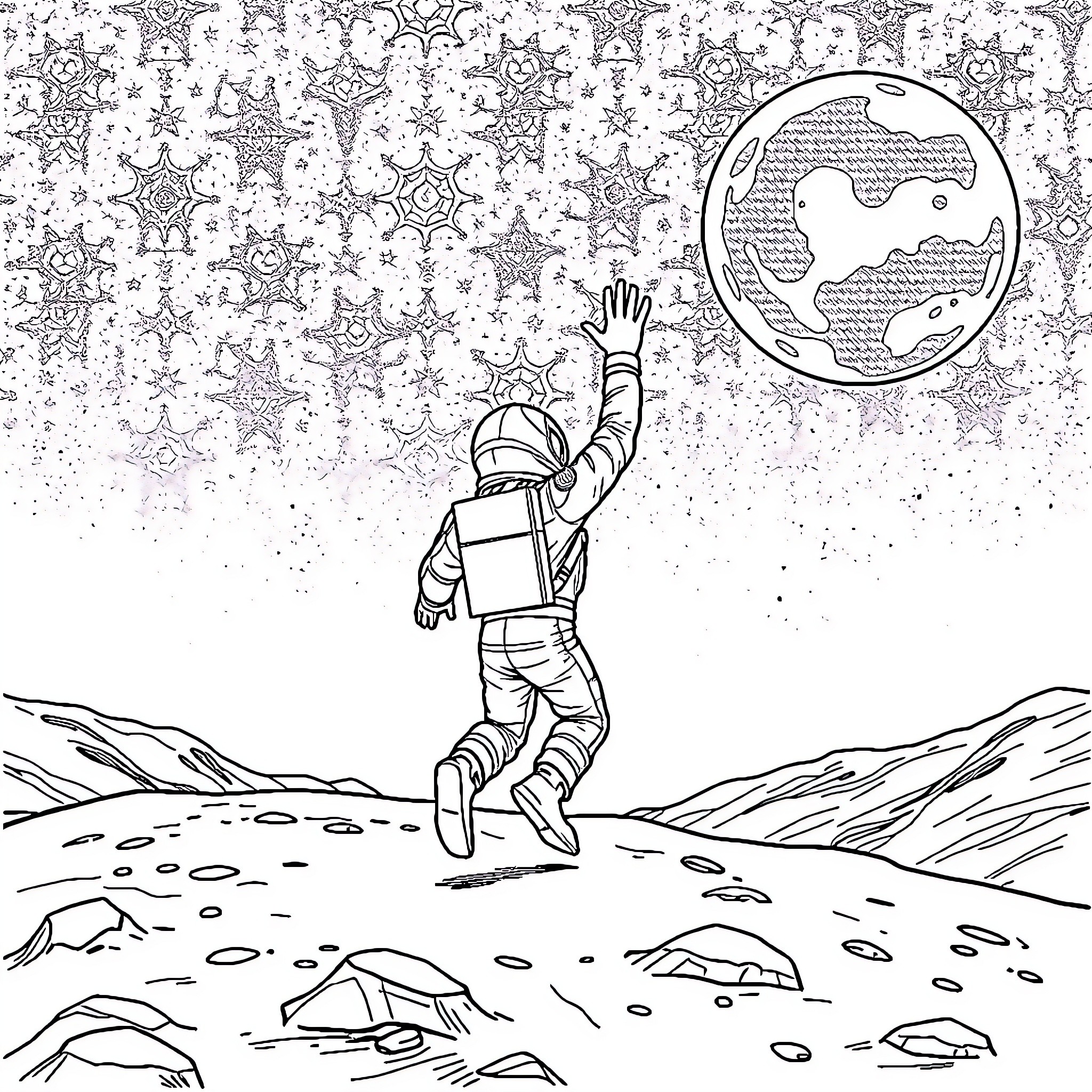 Man reaching for the stars in outer space Coloring Page (free black-and-white line drawing printable PDF for all, from beginners to advanced learners, including children, teens, adults, and seniors)
