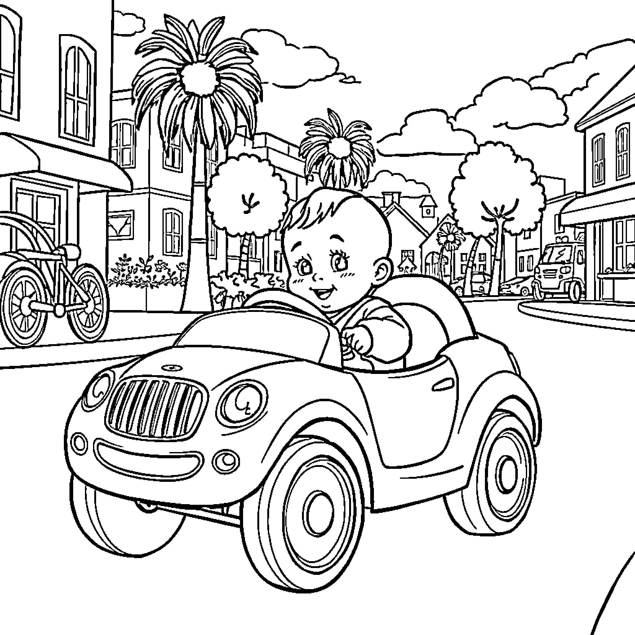 Baby driving a car in a city with palm trees Coloring Page (free black-and-white line drawing printable PDF for all, from beginners to advanced learners, including children, teens, adults, and seniors)