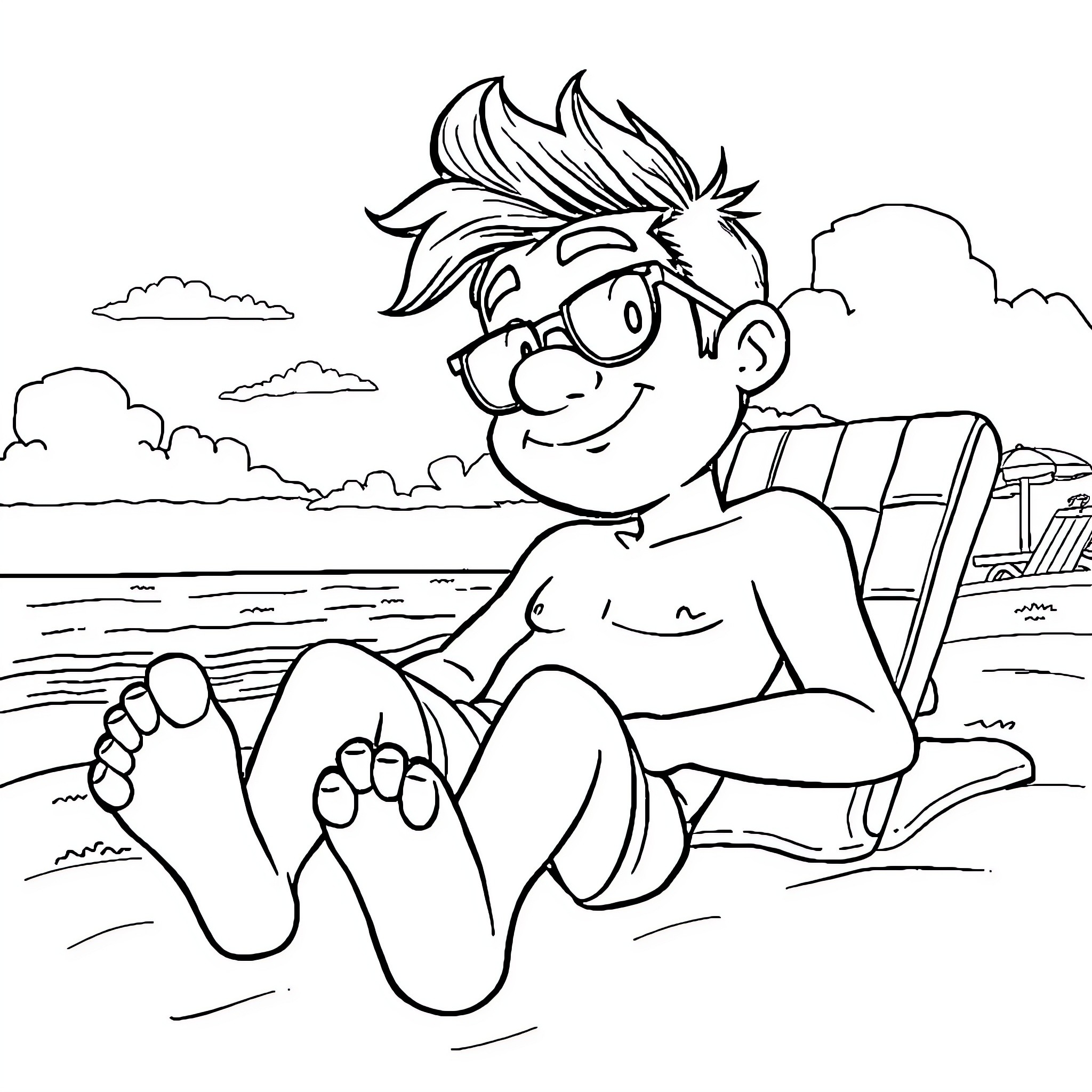 Matteo relaxing on the beach Coloring Page (free black-and-white line drawing printable PDF for all, from beginners to advanced learners, including children, teens, adults, and seniors)