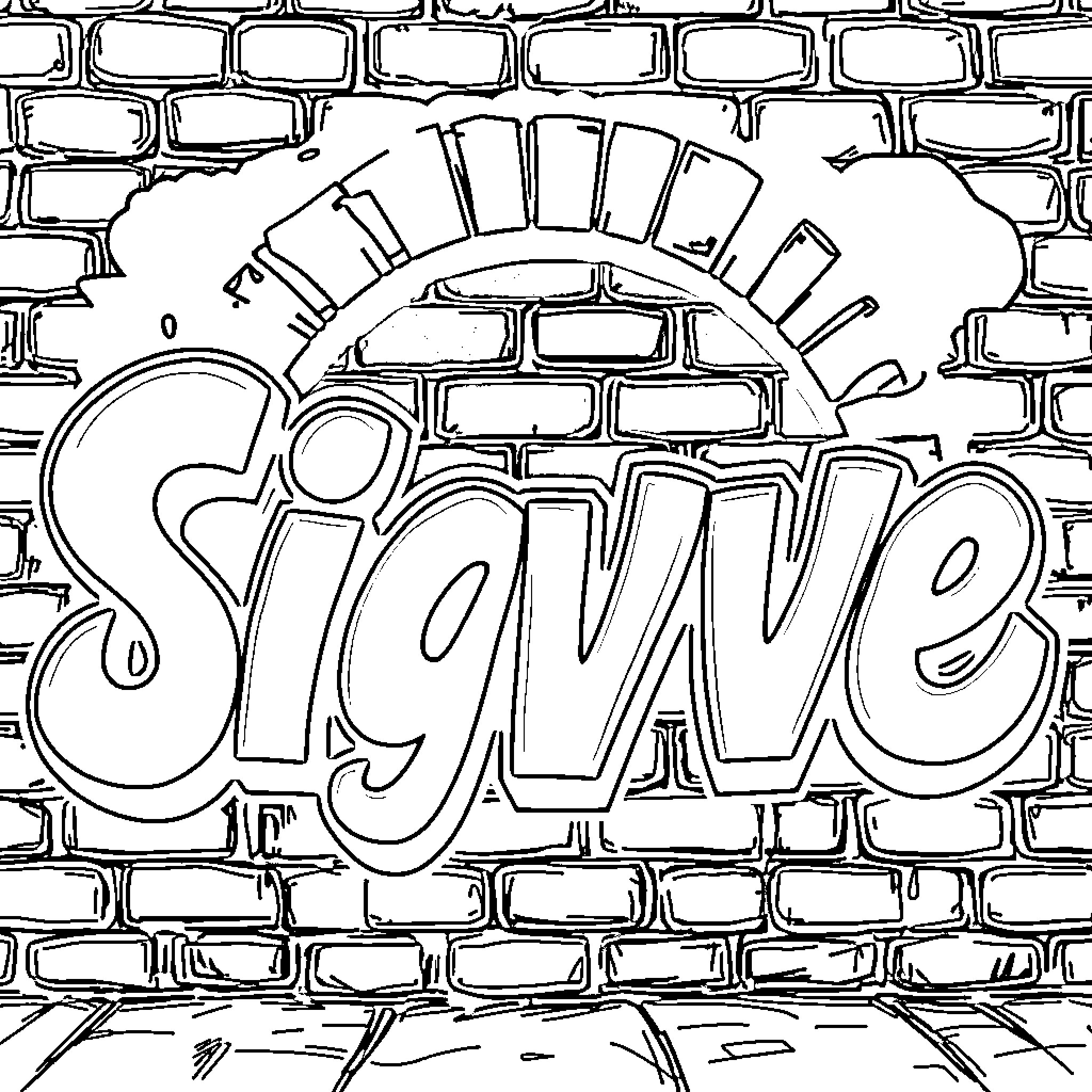 Graffiti with stylized text on brick wall Coloring Page (free black-and-white line drawing printable PDF for all, from beginners to advanced learners, including children, teens, adults, and seniors)