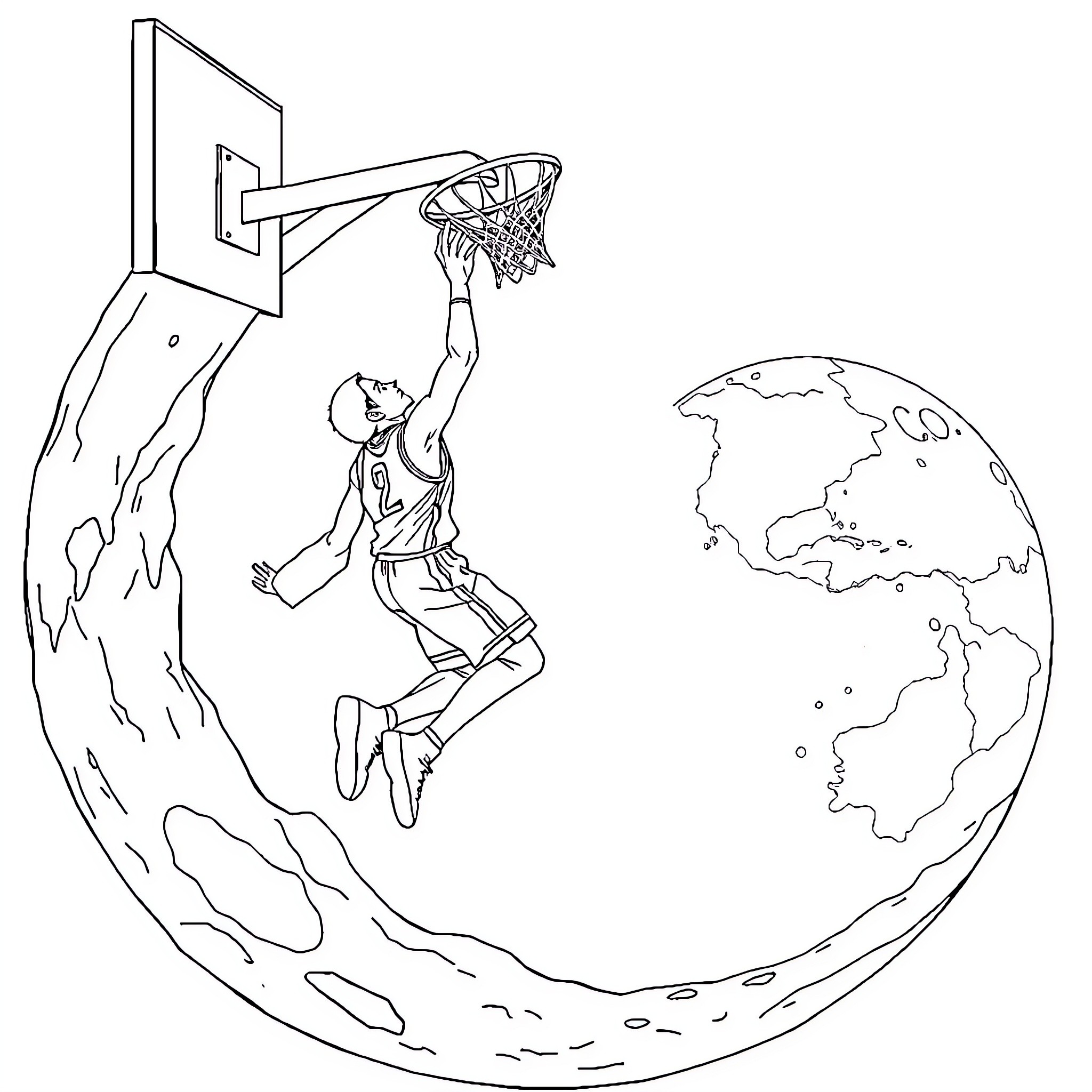 Basketball Player Dunking on the World Coloring Page (free black-and-white line drawing printable PDF for all, from beginners to advanced learners, including children, teens, adults, and seniors)