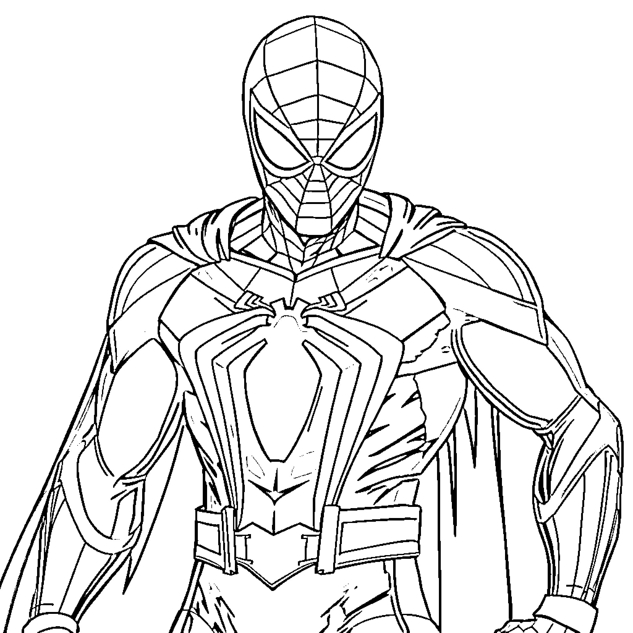 Spider-Man Standing Tall and Ready for Action Coloring Page (free black-and-white line drawing printable PDF for all, from beginners to advanced learners, including children, teens, adults, and seniors)