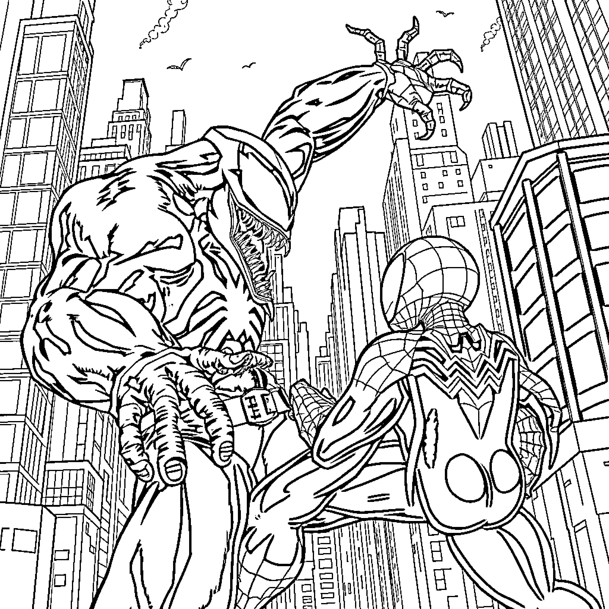 Venom's Menacing Presence in the City Coloring Page (free black-and-white line drawing printable PDF for all, from beginners to advanced learners, including children, teens, adults, and seniors)