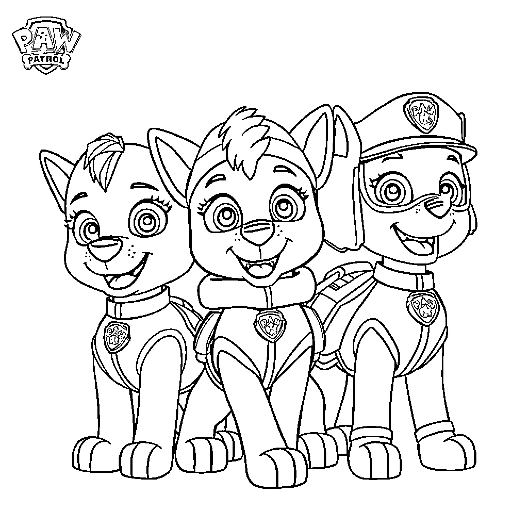 Paw Patrol team in action poses Coloring Page (free black-and-white line drawing printable PDF for all, from beginners to advanced learners, including children, teens, adults, and seniors)