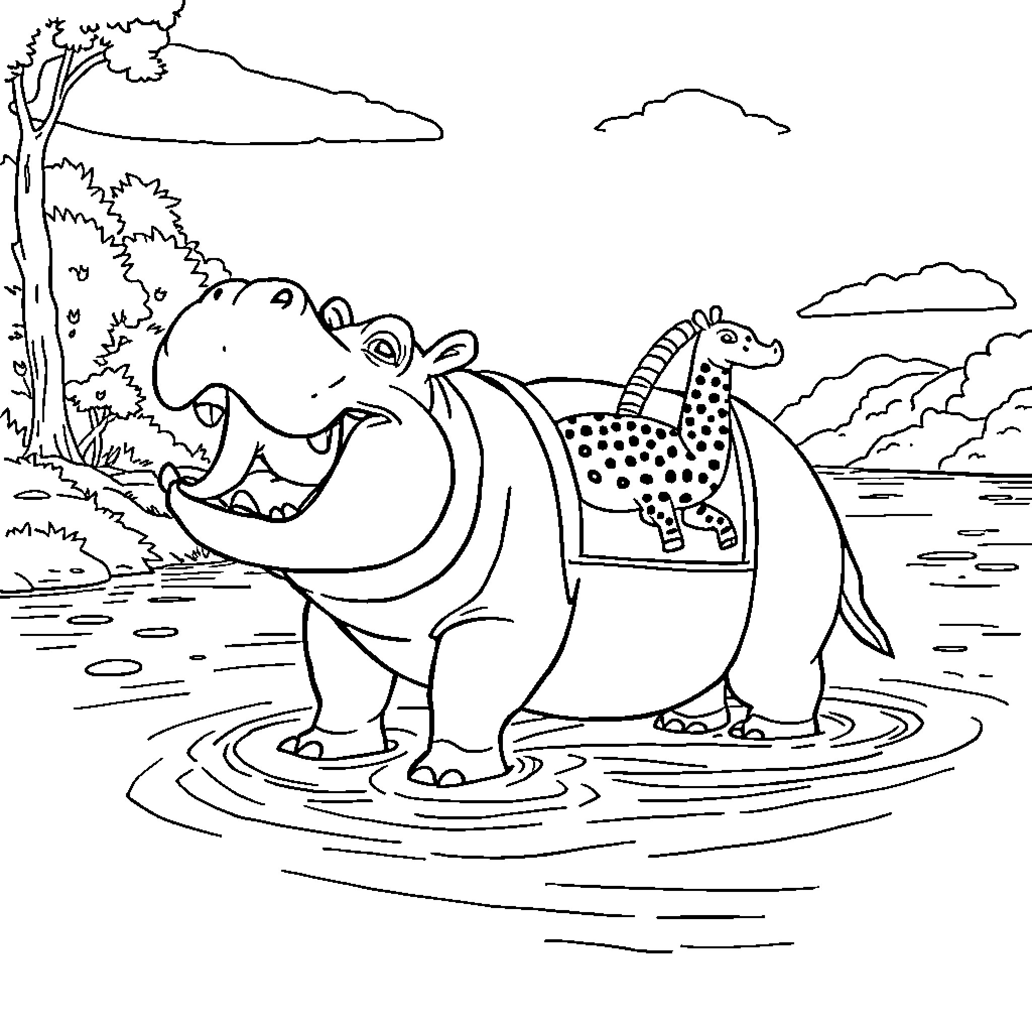 Hippopotamus playing with spotted friend in the water Coloring Page (free black-and-white line drawing printable PDF for all, from beginners to advanced learners, including children, teens, adults, and seniors)