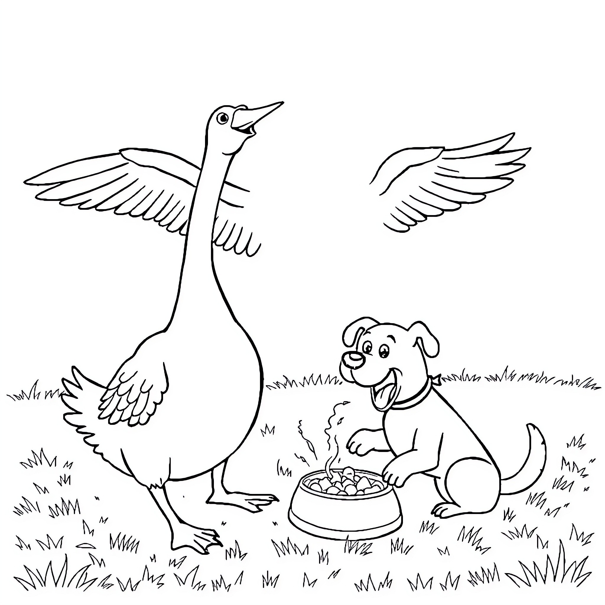 Goose spreading wings and dog with food bowl Coloring Page (free black-and-white line drawing printable PDF for all, from beginners to advanced learners, including children, teens, adults, and seniors)
