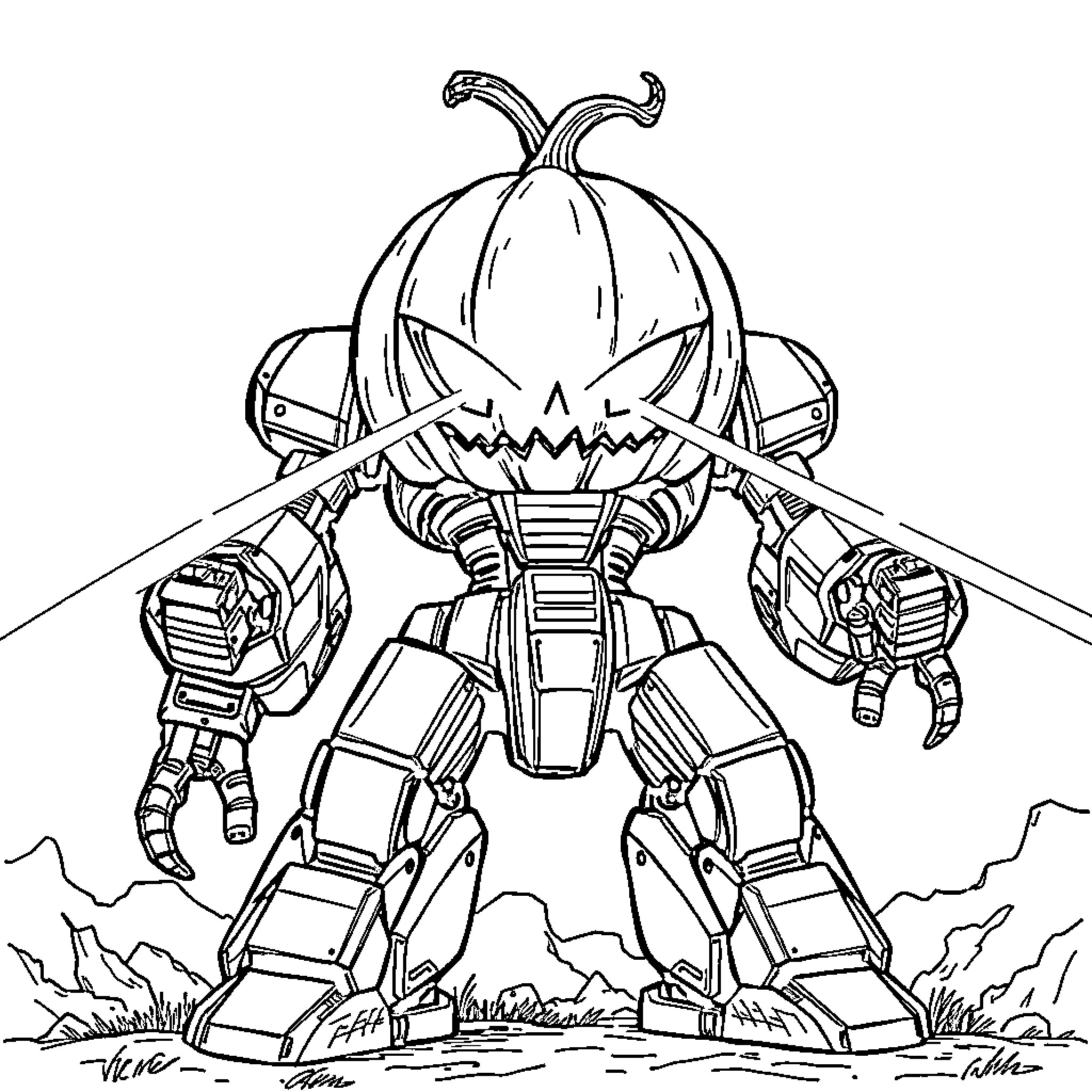 Pumpkin Robot Battling with Sci-Fi Weaponry Coloring Page (free black-and-white line drawing printable PDF for all, from beginners to advanced learners, including children, teens, adults, and seniors)