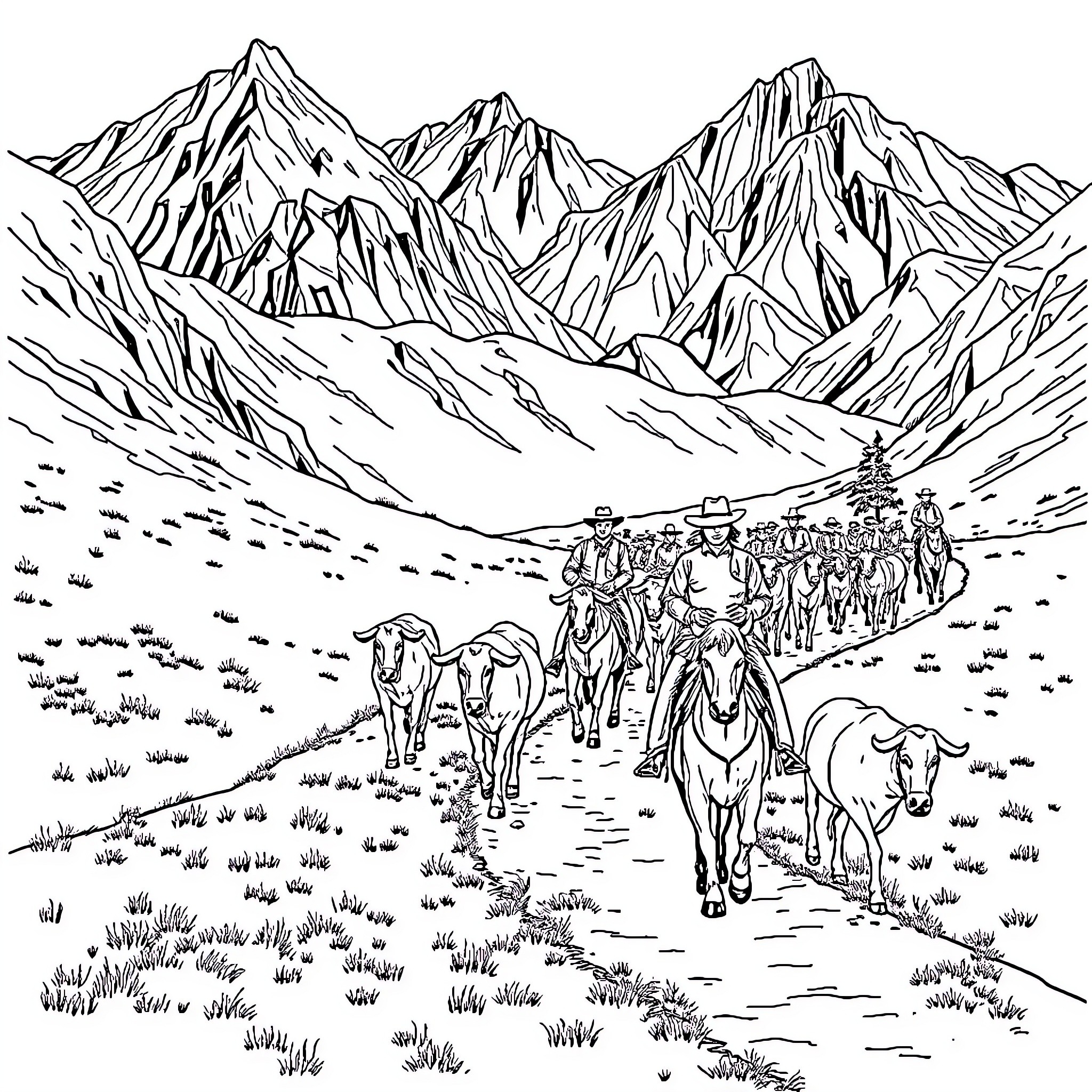 Cowboy Caravan Traversing Rugged Mountain Landscape Coloring Page (free black-and-white line drawing printable PDF for all, from beginners to advanced learners, including children, teens, adults, and seniors)