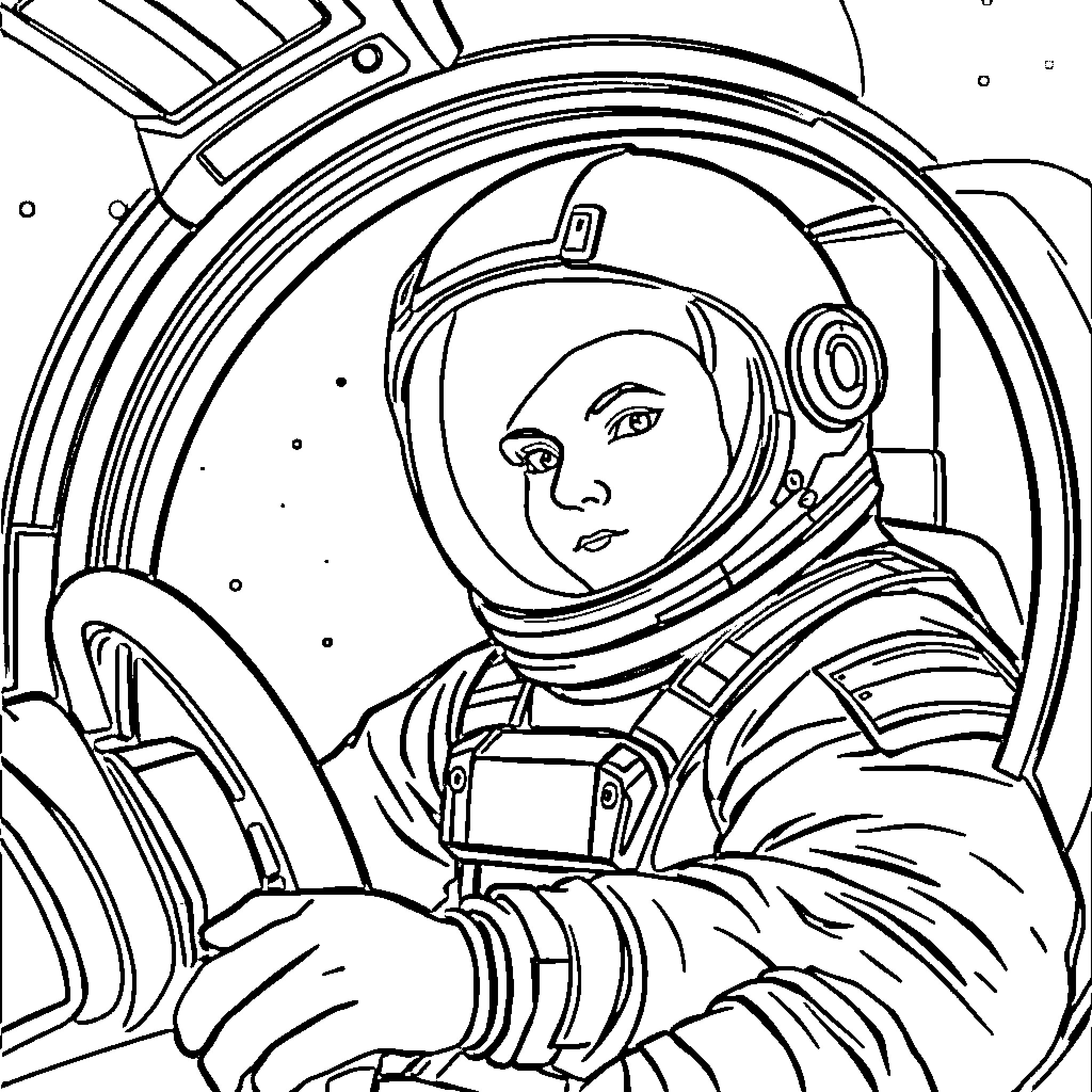 Astronaut in space shuttle preparing for mission Coloring Page (free black-and-white line drawing printable PDF for all, from beginners to advanced learners, including children, teens, adults, and seniors)
