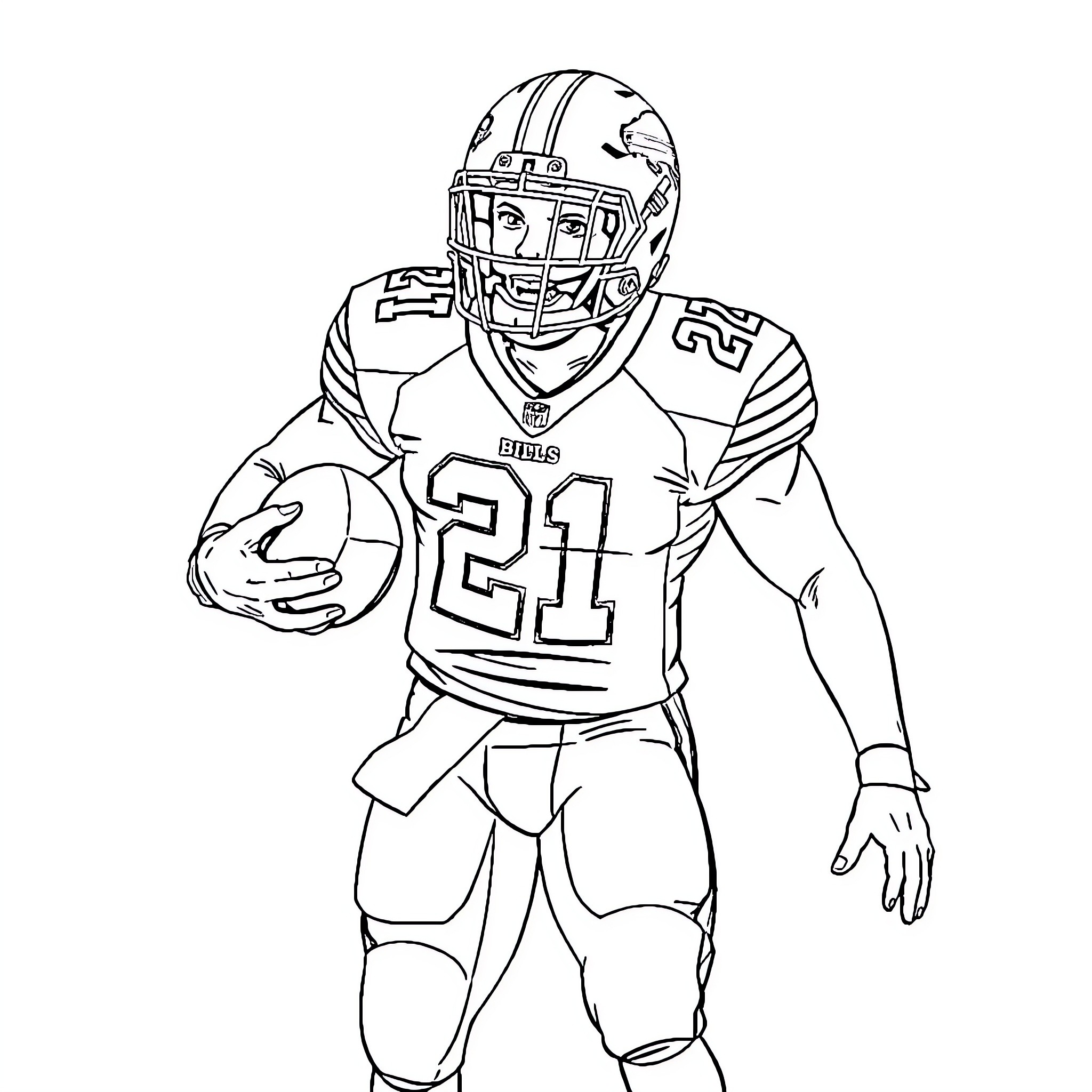 Jax, the Football Player in Action Coloring Page (free black-and-white line drawing printable PDF for all, from beginners to advanced learners, including children, teens, adults, and seniors)