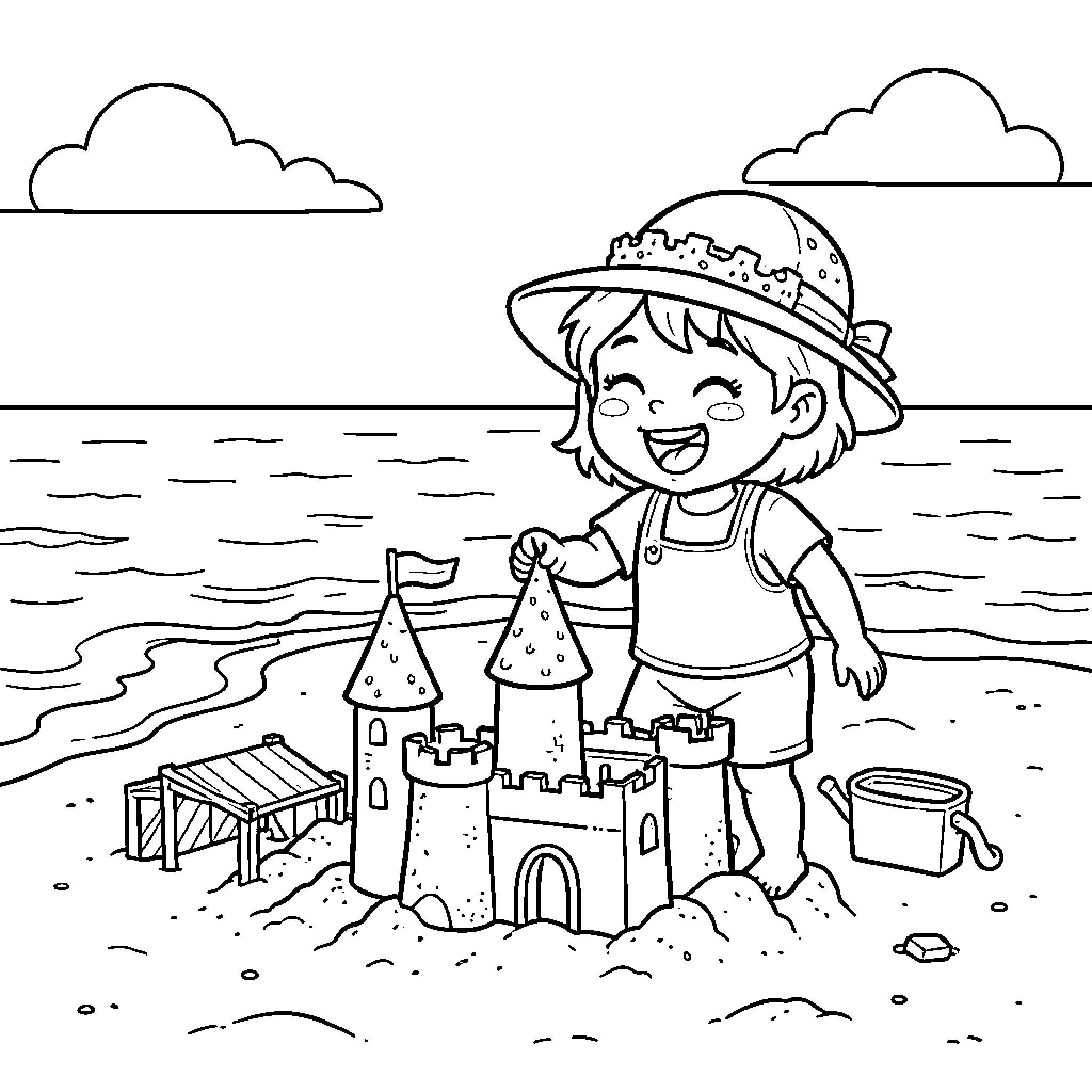 Bubu building a large sandcastle on the beach Coloring Page (free black-and-white line drawing printable PDF for all, from beginners to advanced learners, including children, teens, adults, and seniors)