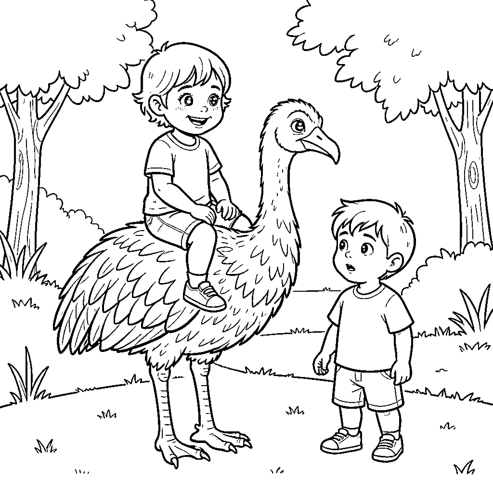Fille riding a large bird in a park Coloring Page (free black-and-white line drawing printable PDF for all, from beginners to advanced learners, including children, teens, adults, and seniors)