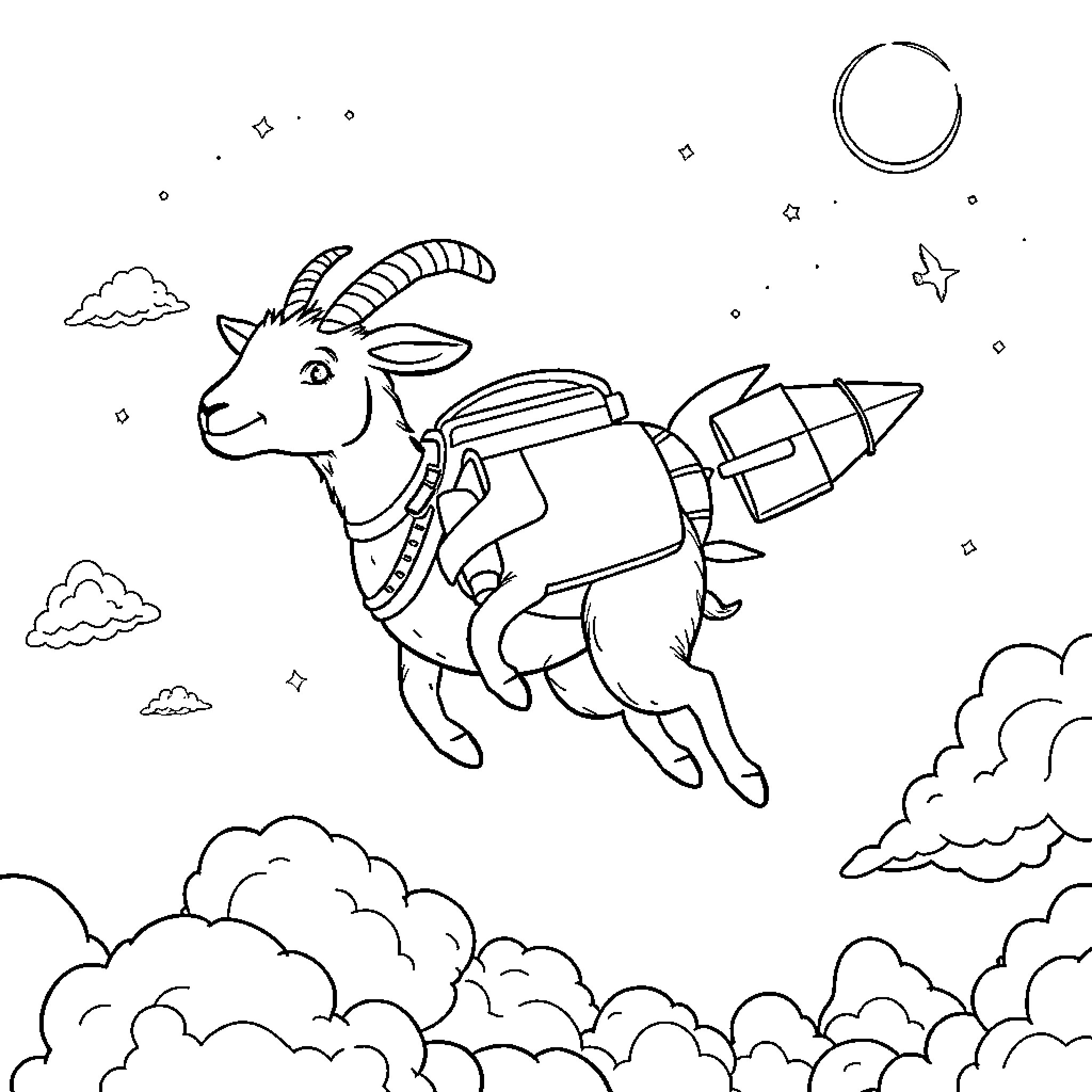 Goat riding a rocket through the clouds Coloring Page (free black-and-white line drawing printable PDF for all, from beginners to advanced learners, including children, teens, adults, and seniors)
