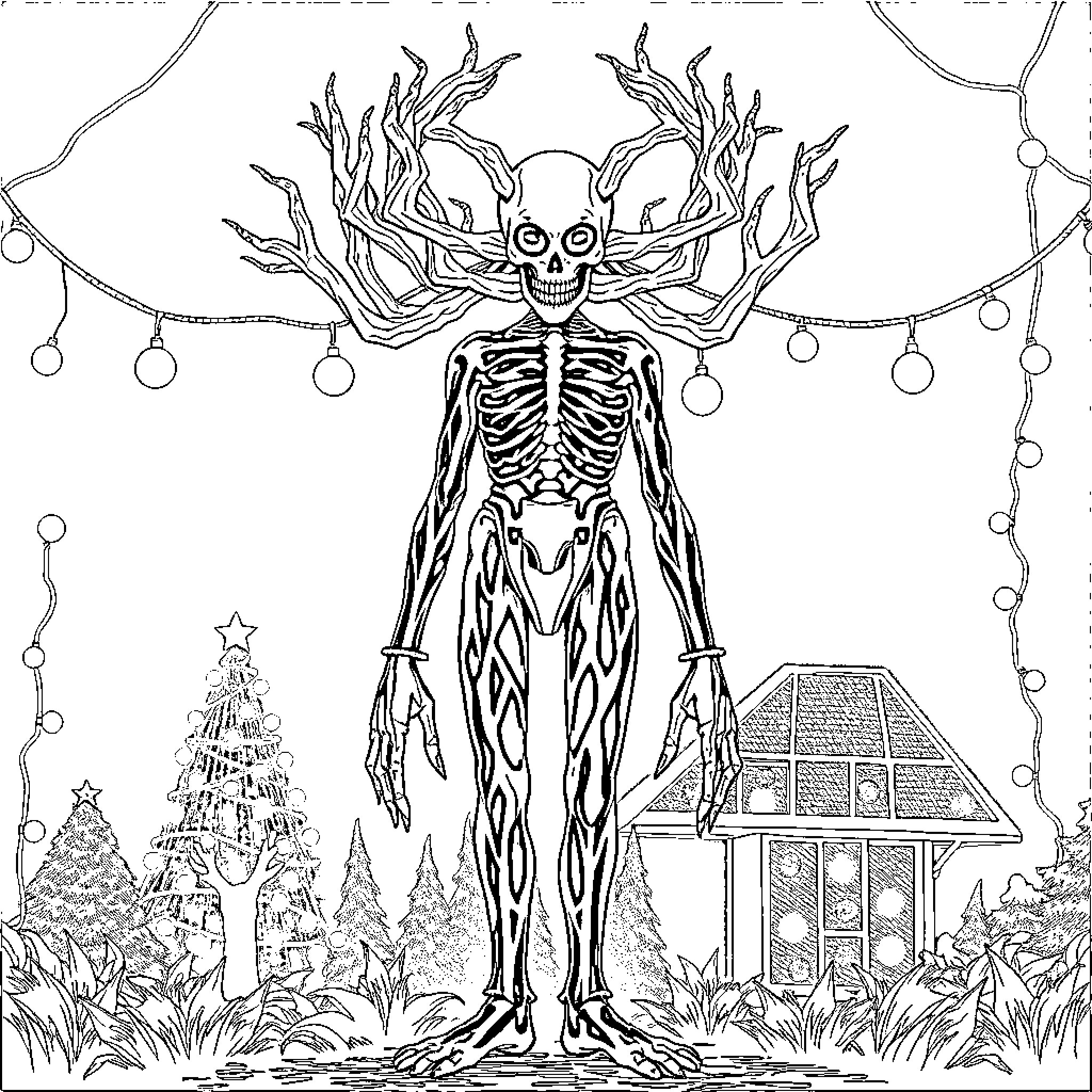 Vecna, the Skeletal Entity amidst Festive Scenes Coloring Page (free black-and-white line drawing printable PDF for all, from beginners to advanced learners, including children, teens, adults, and seniors)