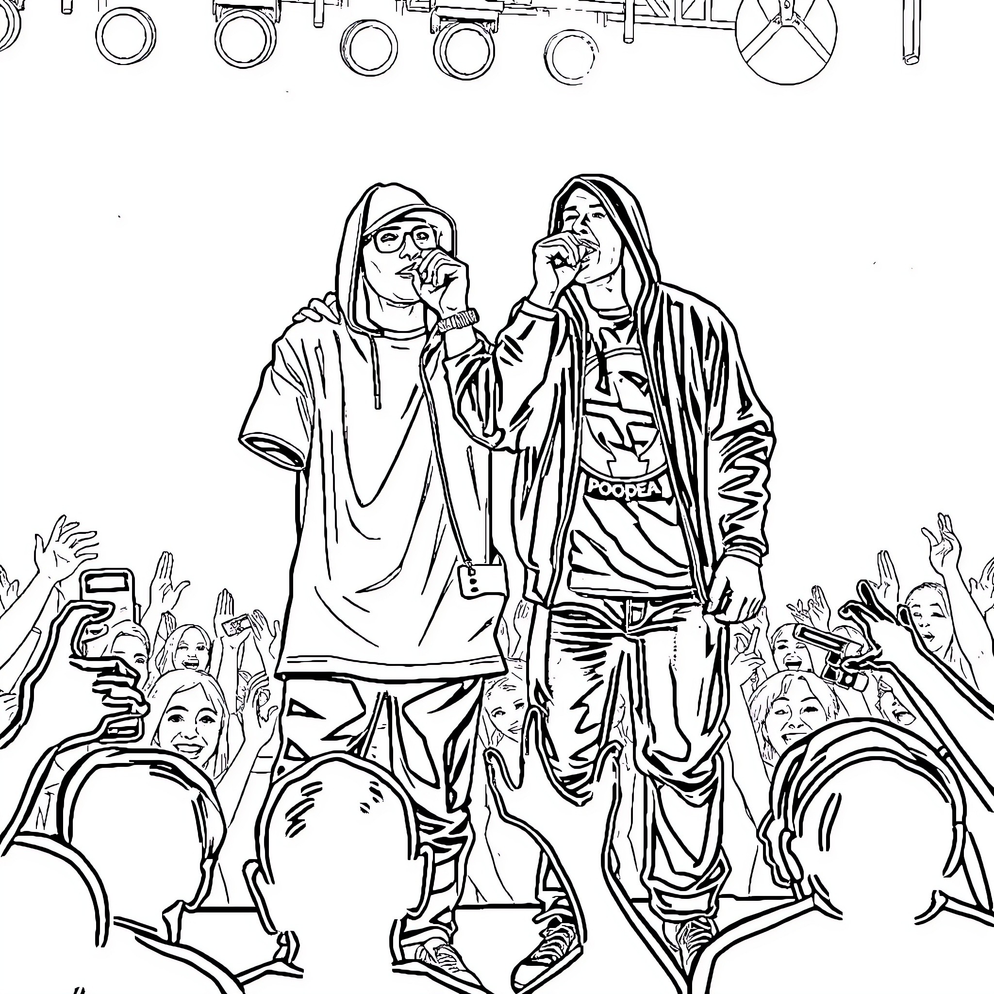 Eminem performing on stage with band member Coloring Page (free black-and-white line drawing printable PDF for all, from beginners to advanced learners, including children, teens, adults, and seniors)