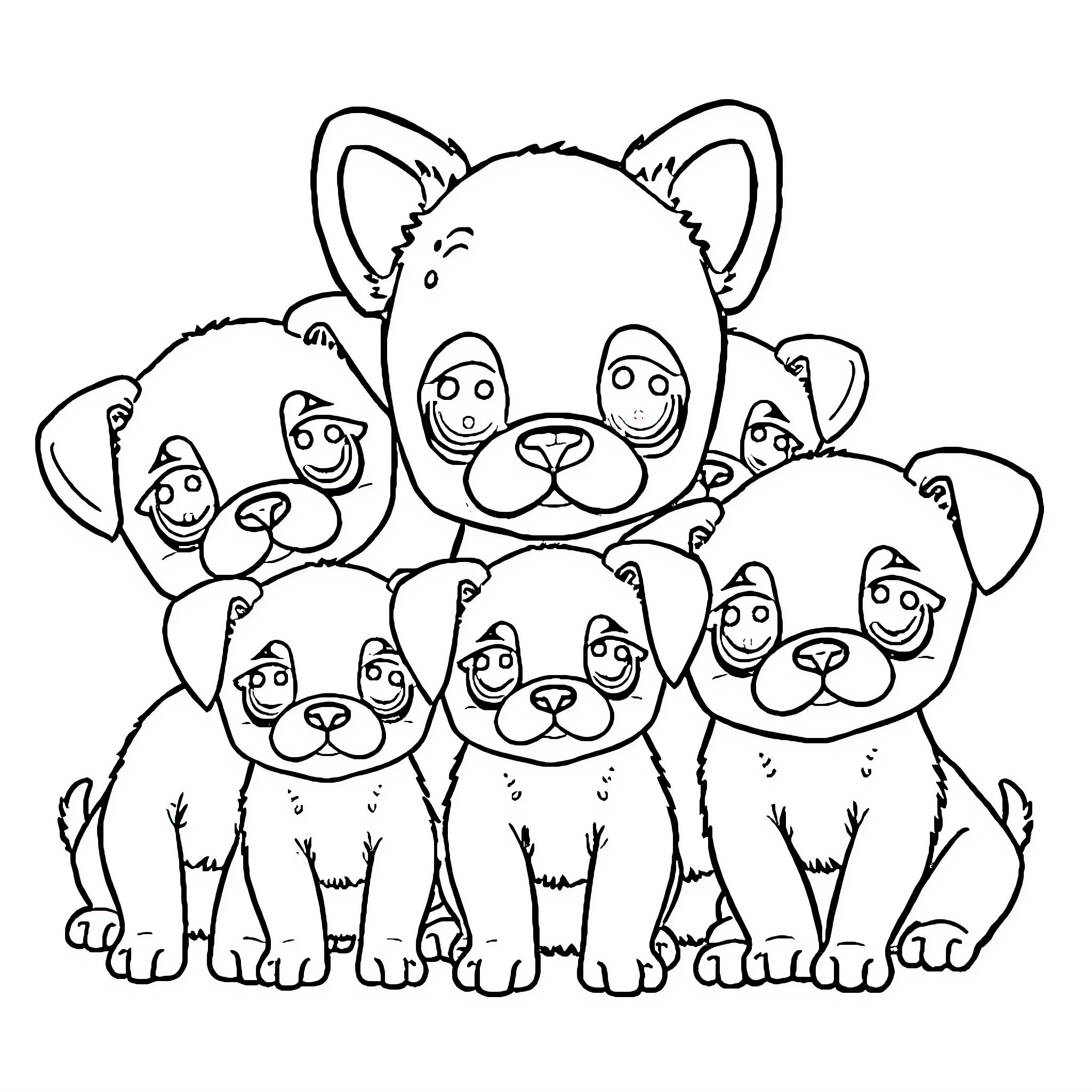 Kawaii Puppies and Kittens Playing Together Coloring Page (free black-and-white line drawing printable PDF for all, from beginners to advanced learners, including children, teens, adults, and seniors)