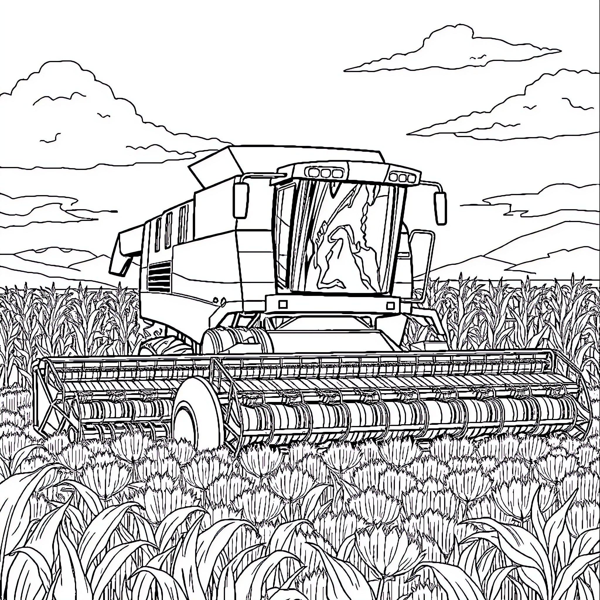 Corn harvesting machine working in the field Coloring Page (free black-and-white line drawing printable PDF for all, from beginners to advanced learners, including children, teens, adults, and seniors)