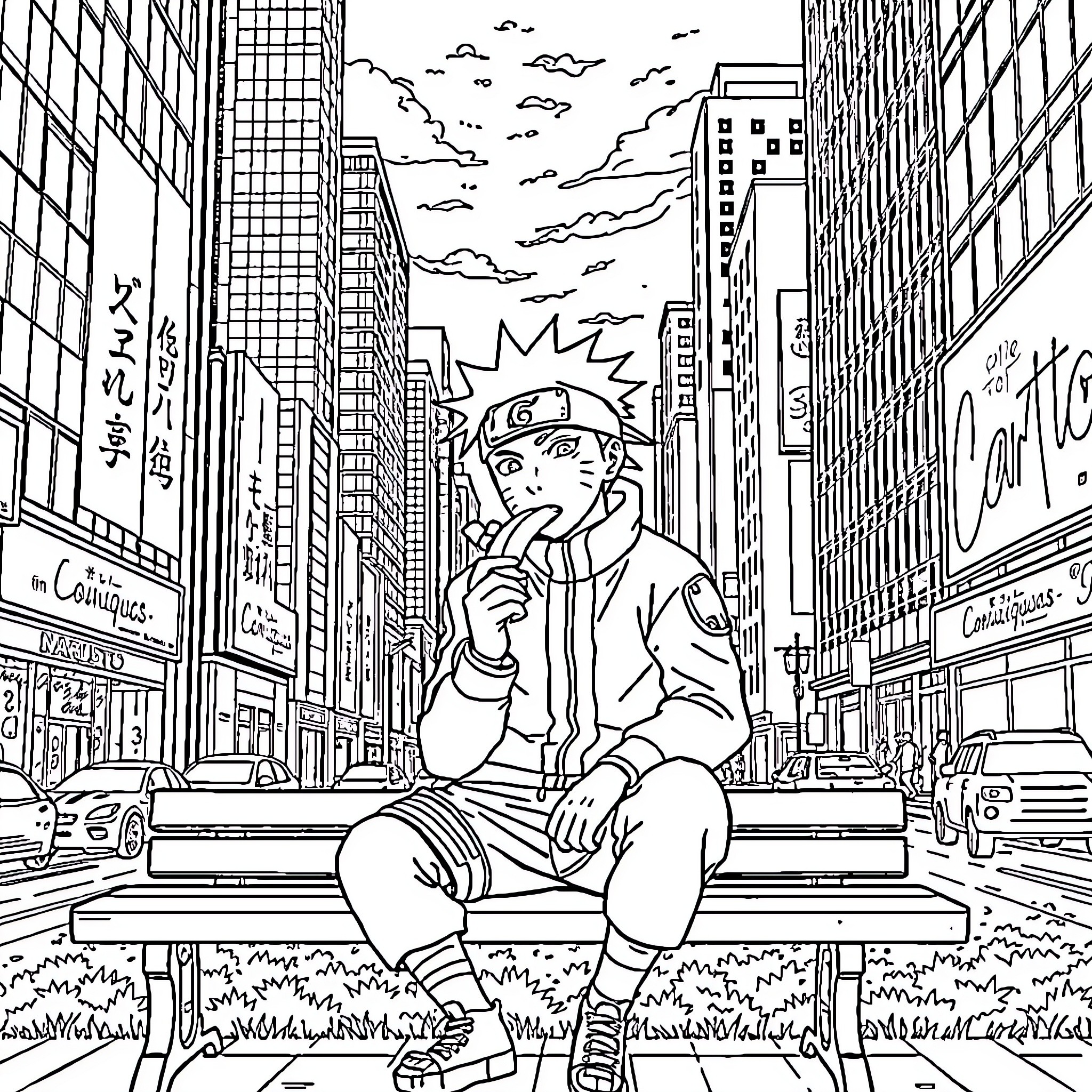 Naruto reflecting in the city Coloring Page (free black-and-white line drawing printable PDF for all, from beginners to advanced learners, including children, teens, adults, and seniors)