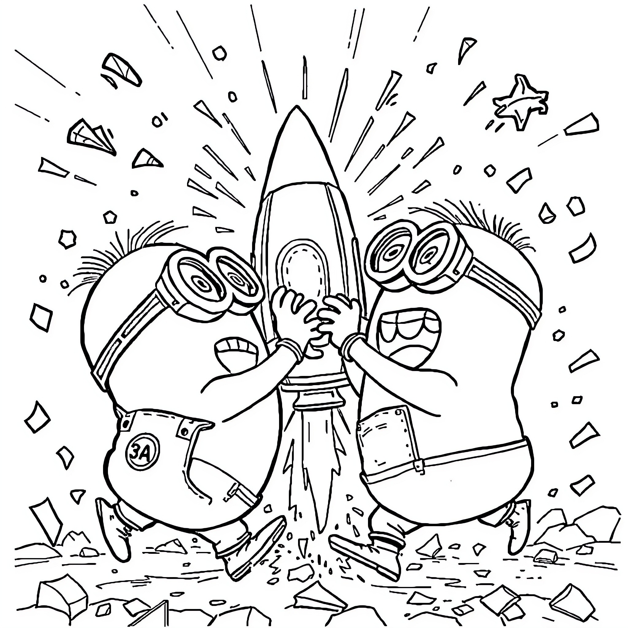 Minions Launching Rocket with Excitement Coloring Page (free black-and-white line drawing printable PDF for all, from beginners to advanced learners, including children, teens, adults, and seniors)