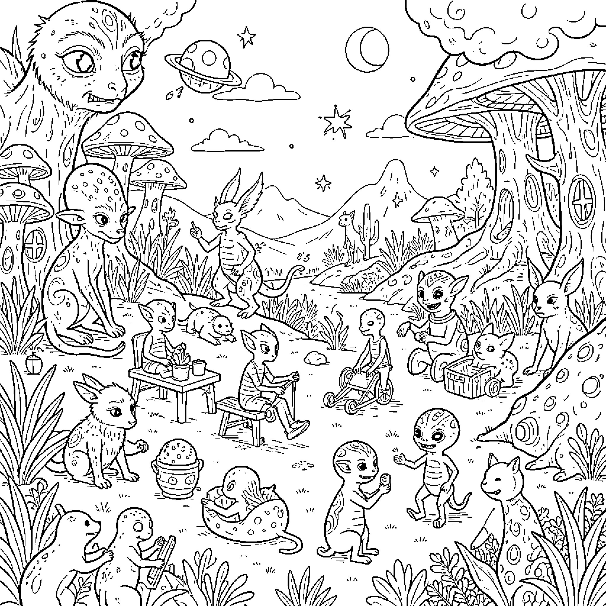 Extraterrestrial creatures interacting in a fantastical alien landscape Coloring Page (free black-and-white line drawing printable PDF for all, from beginners to advanced learners, including children, teens, adults, and seniors)