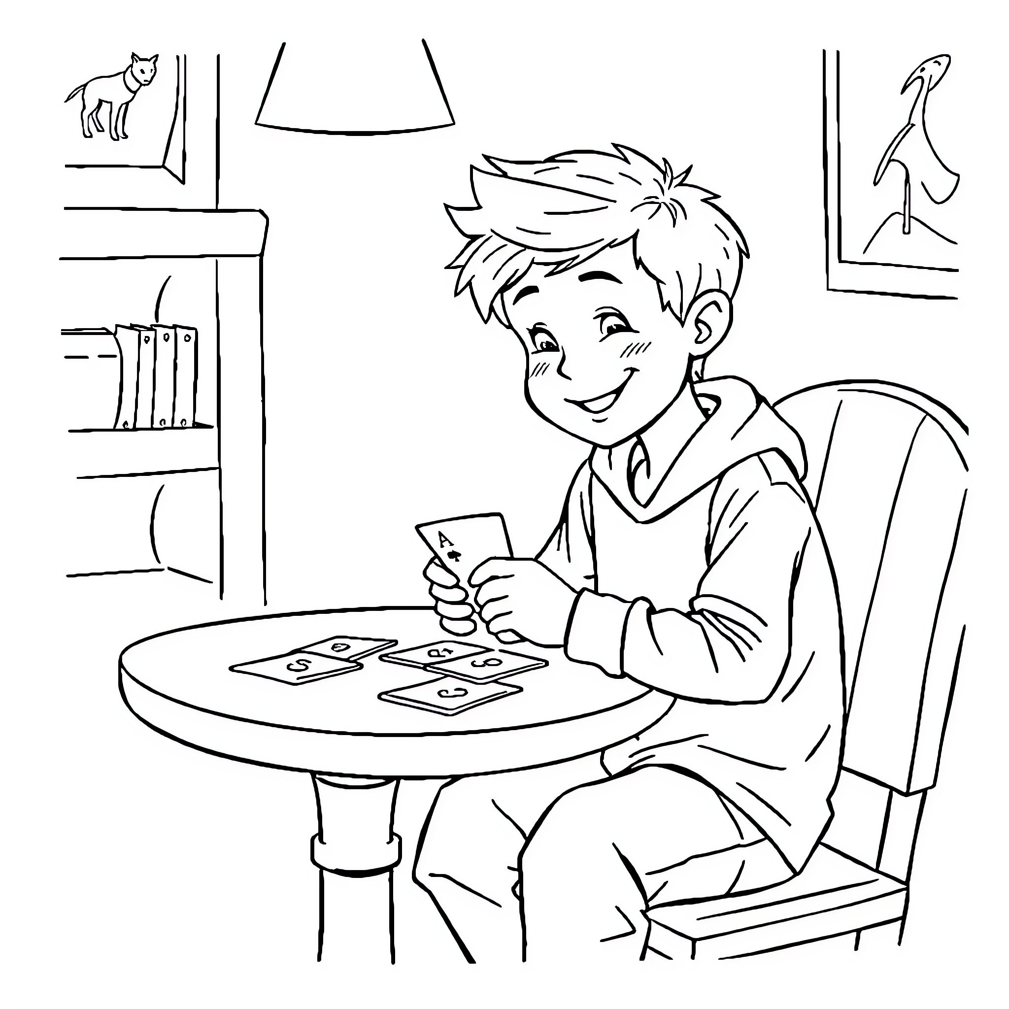 Boy playing card game happily at table Coloring Page (free black-and-white line drawing printable PDF for all, from beginners to advanced learners, including children, teens, adults, and seniors)