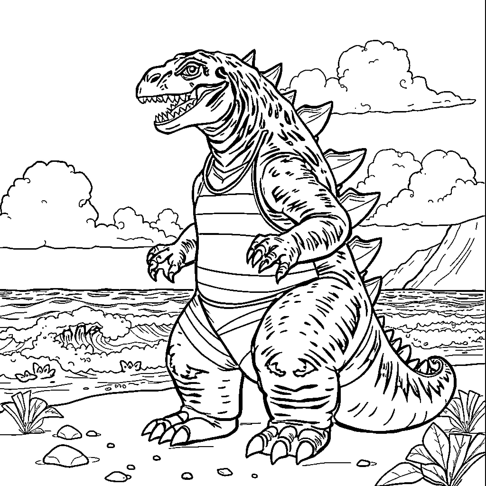 Godzilla roams the coastal landscape Coloring Page (free black-and-white line drawing printable PDF for all, from beginners to advanced learners, including children, teens, adults, and seniors)