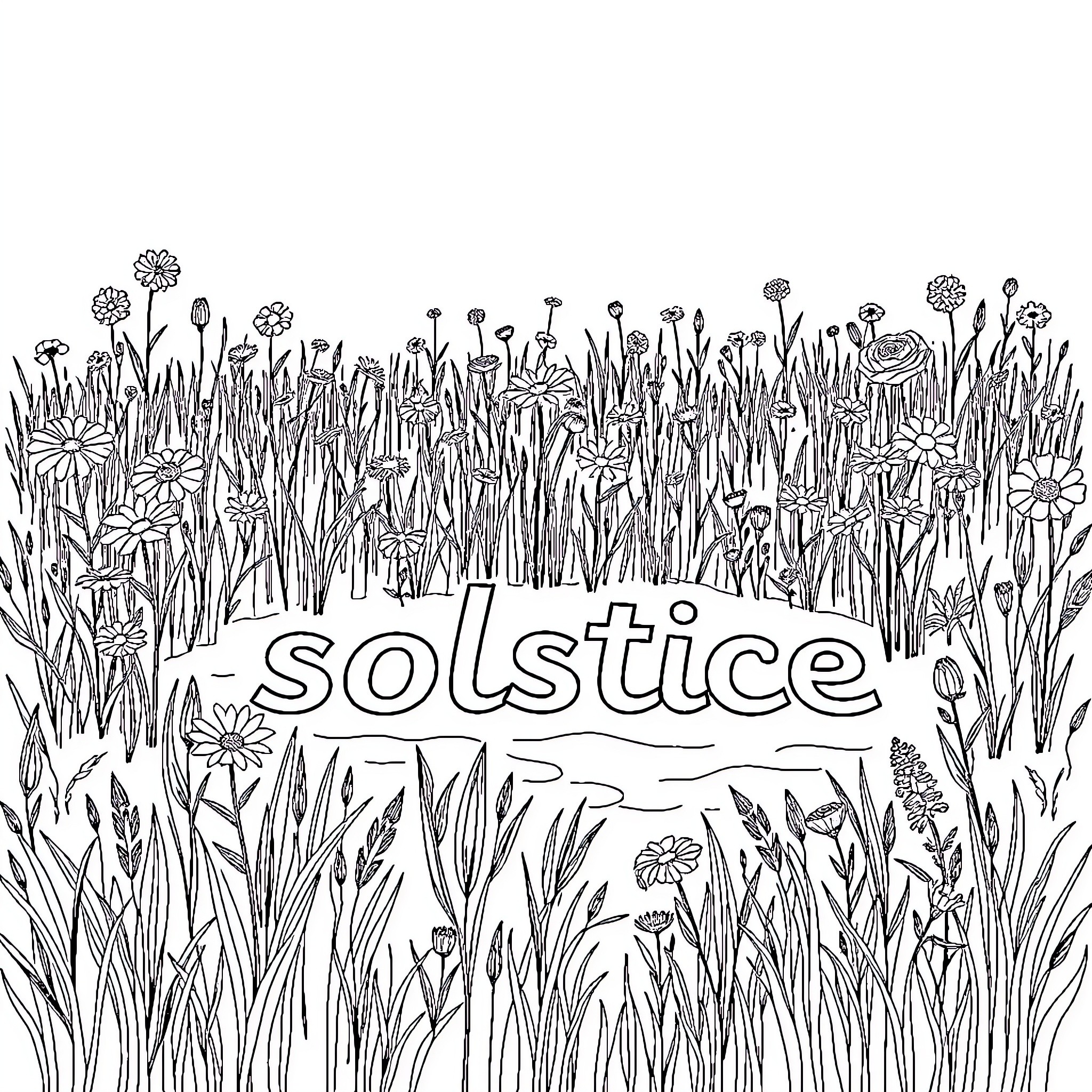 Meadow with floral scenery and text Coloring Page (free black-and-white line drawing printable PDF for all, from beginners to advanced learners, including children, teens, adults, and seniors)