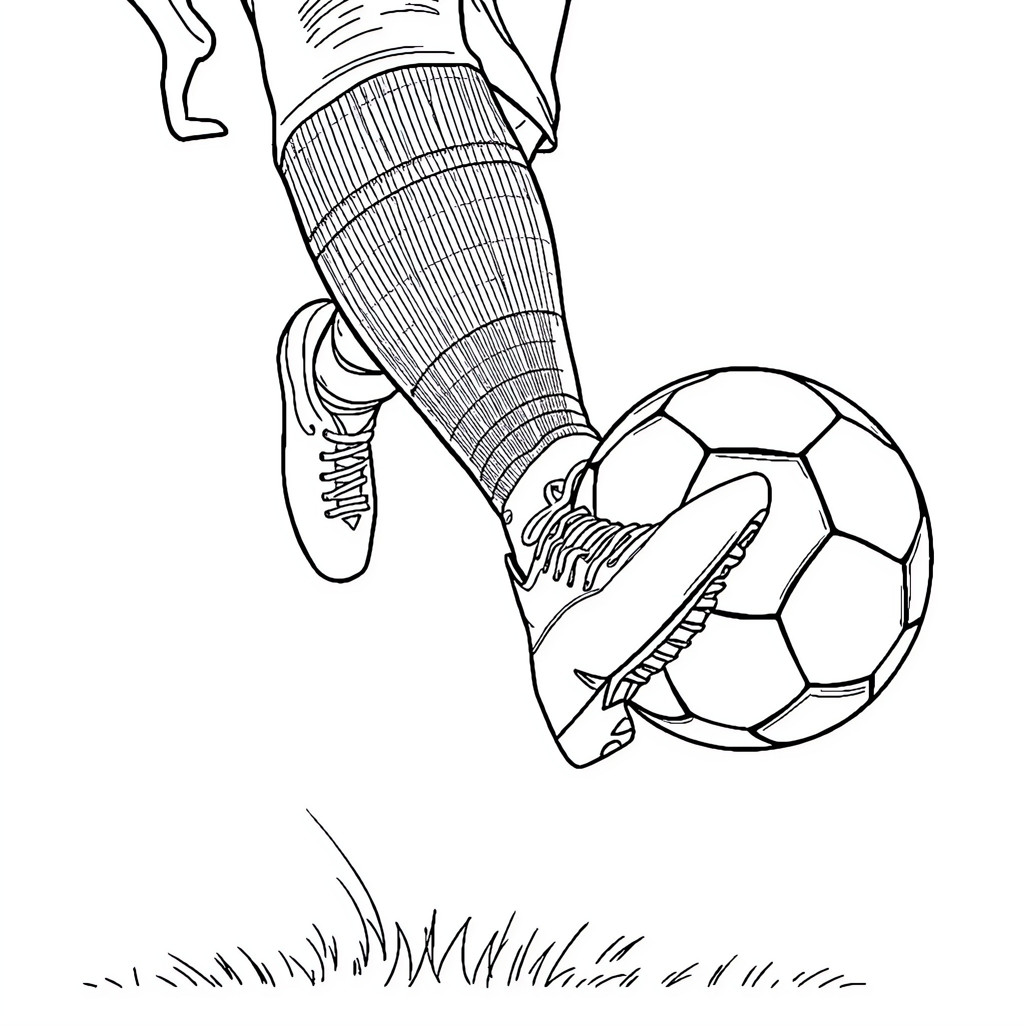 Foot Messi kicking a soccer ball on the field Coloring Page (free black-and-white line drawing printable PDF for all, from beginners to advanced learners, including children, teens, adults, and seniors)