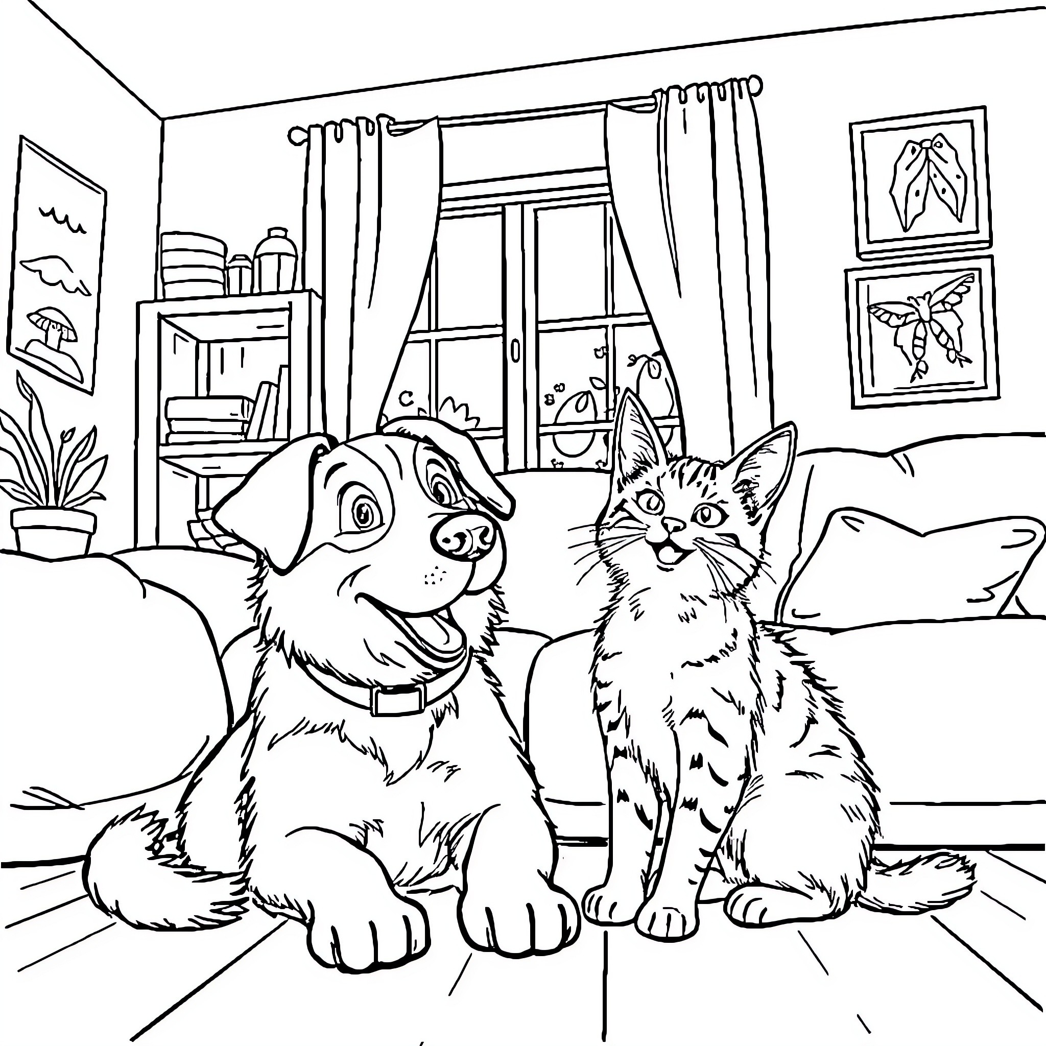 Dog and Cat Relaxing Together at Home Coloring Page (free black-and-white line drawing printable PDF for all, from beginners to advanced learners, including children, teens, adults, and seniors)