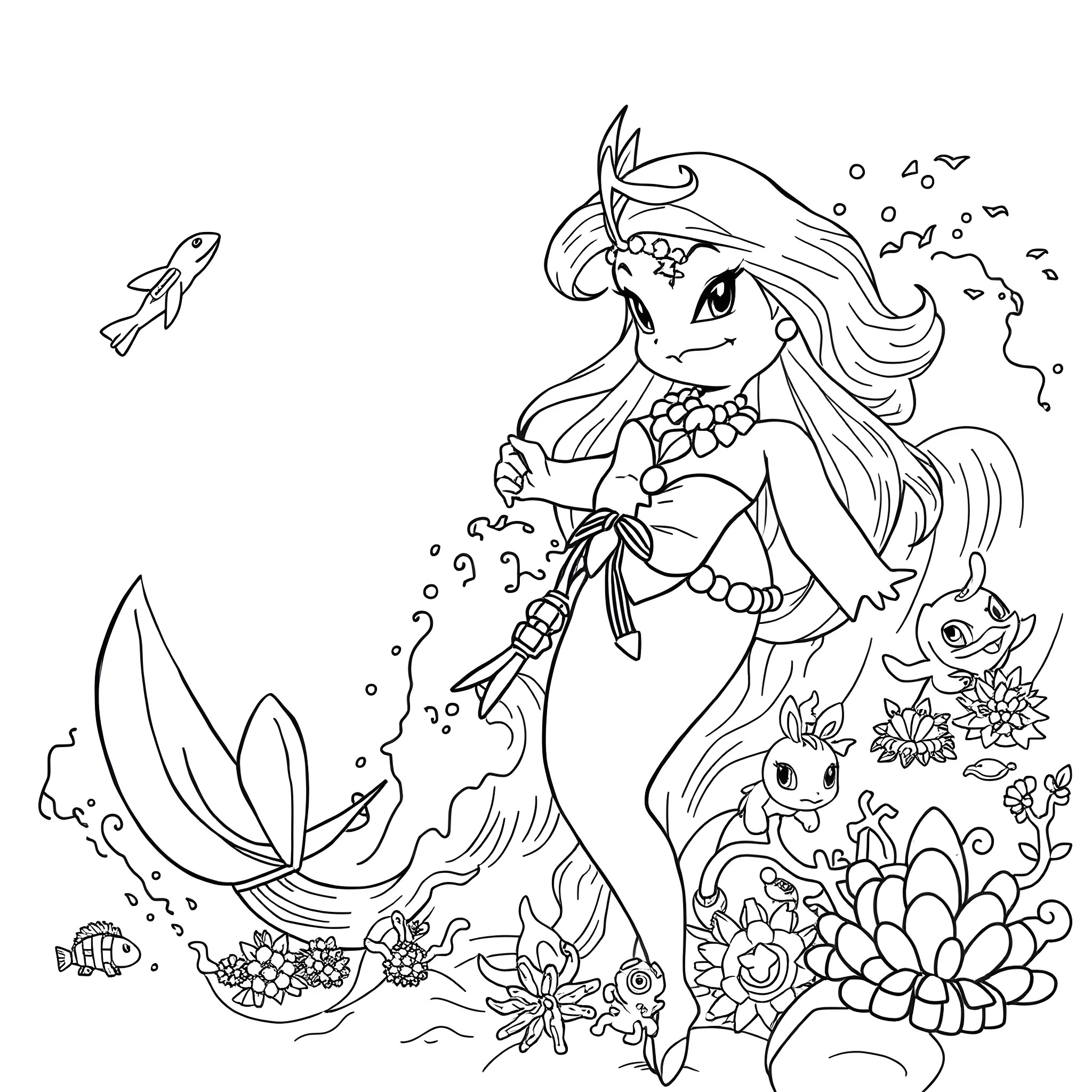 Ariel swimming with sea creatures in the ocean Coloring Page (free black-and-white line drawing printable PDF for all, from beginners to advanced learners, including children, teens, adults, and seniors)